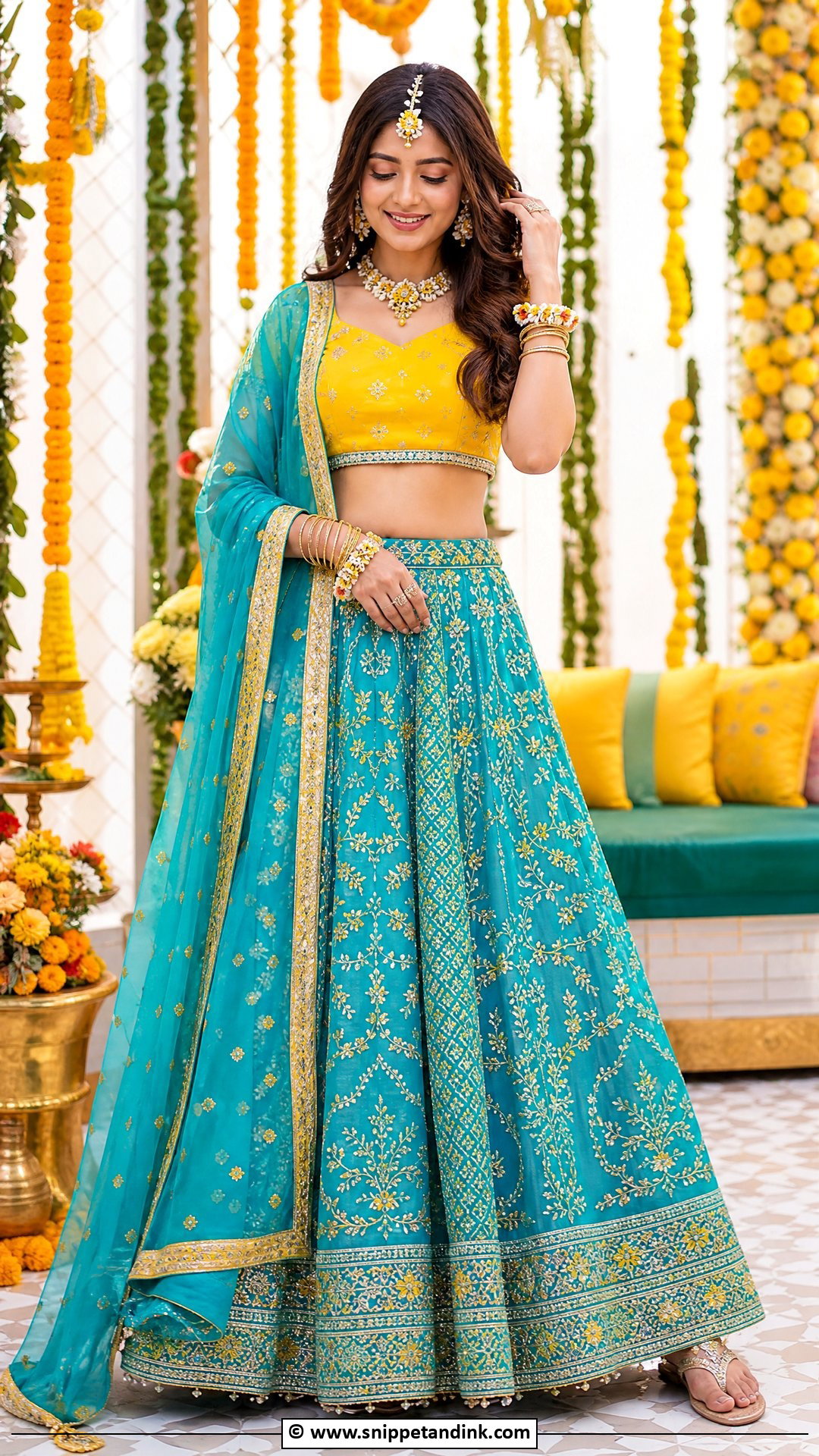 Turquoise Mehndi Lehenga With Yellow Blouse - Snippet and Ink - 35 Mehndi Dresses