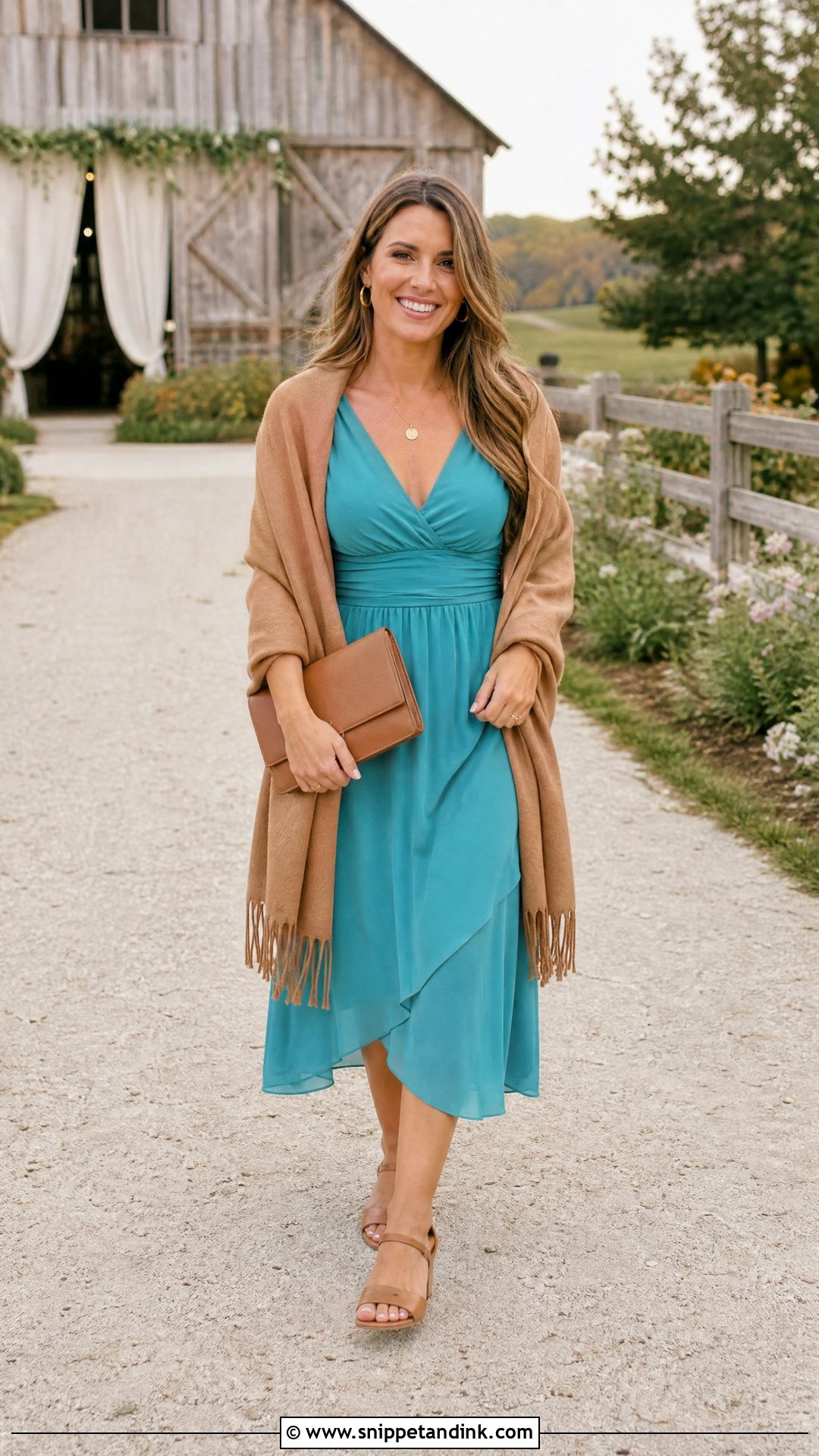 Turquoise Midi Dress With Tan Block Heels - Snippet and Ink - 25 Turquoise Dress Outfit Wedding Ideas
