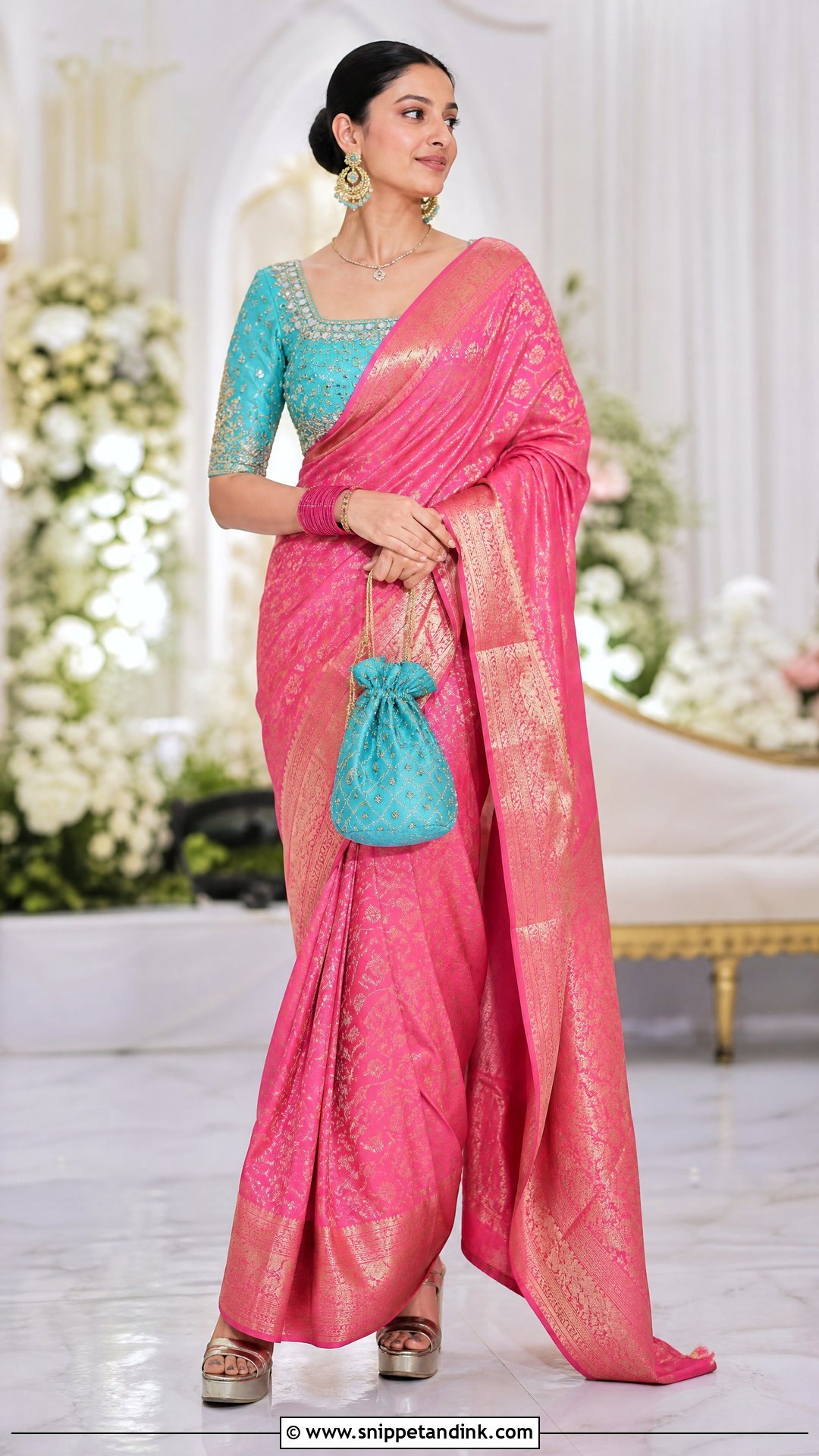 Turquoise Mirror Maggam Work Blouse With Pink Saree - Snippet and Ink - 20 Wedding Maggam Work Blouse Designs