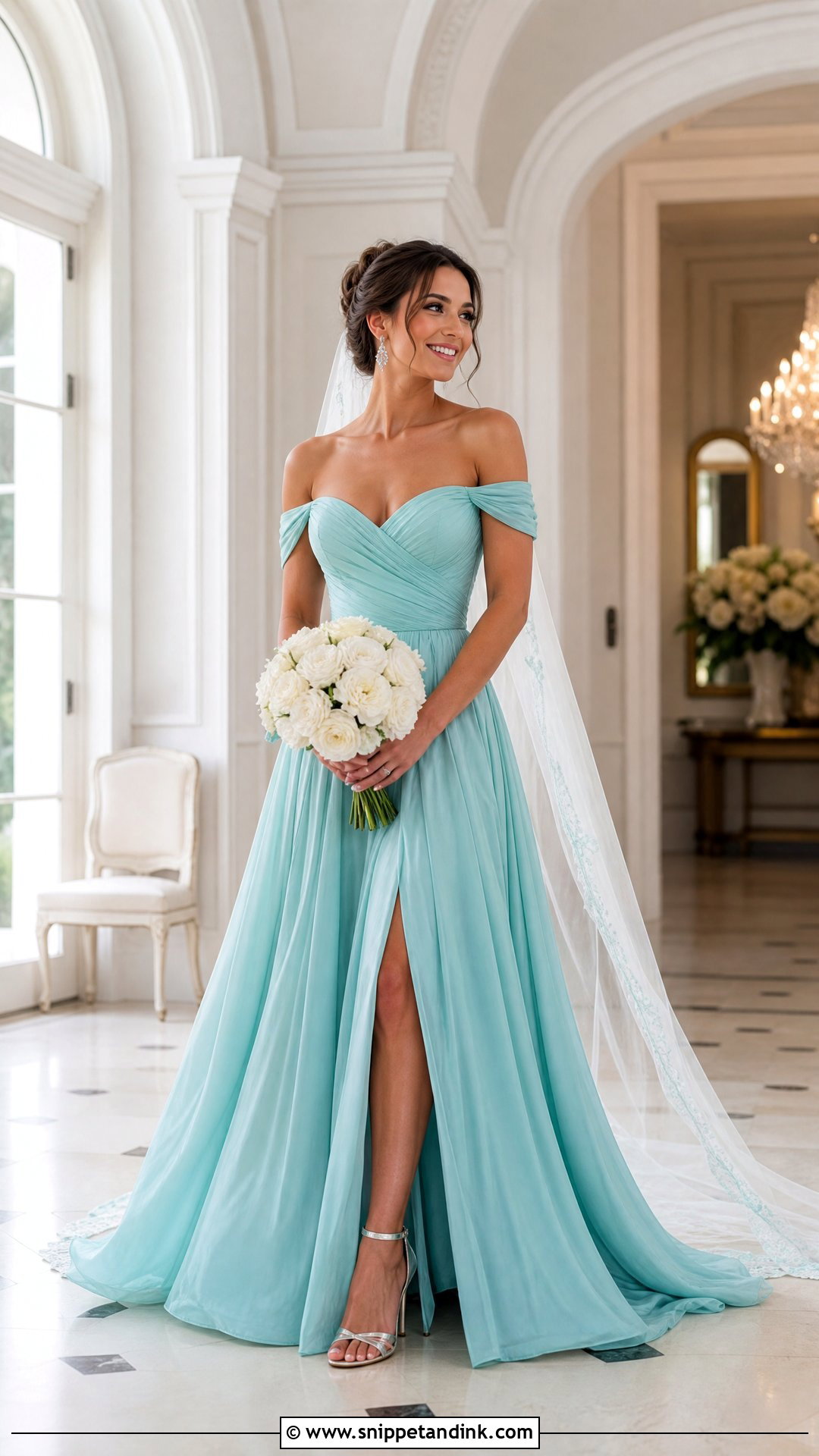 Turquoise Off The Shoulder Wedding Dress - Snippet and Ink - 20 Turquoise Wedding Dresses