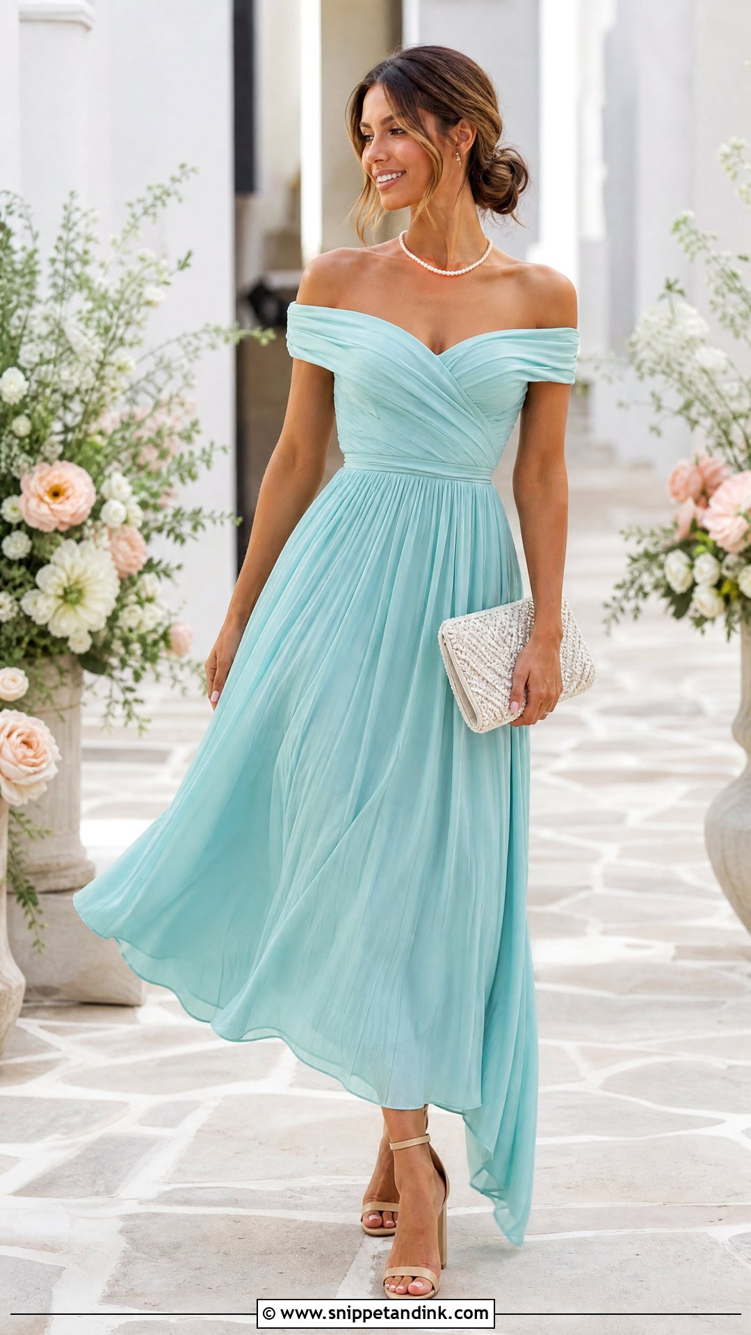 Turquoise Off the Shoulder Midi Dress With Champagne Heels - Snippet and Ink - 25 Turquoise Dress Outfit Wedding Ideas