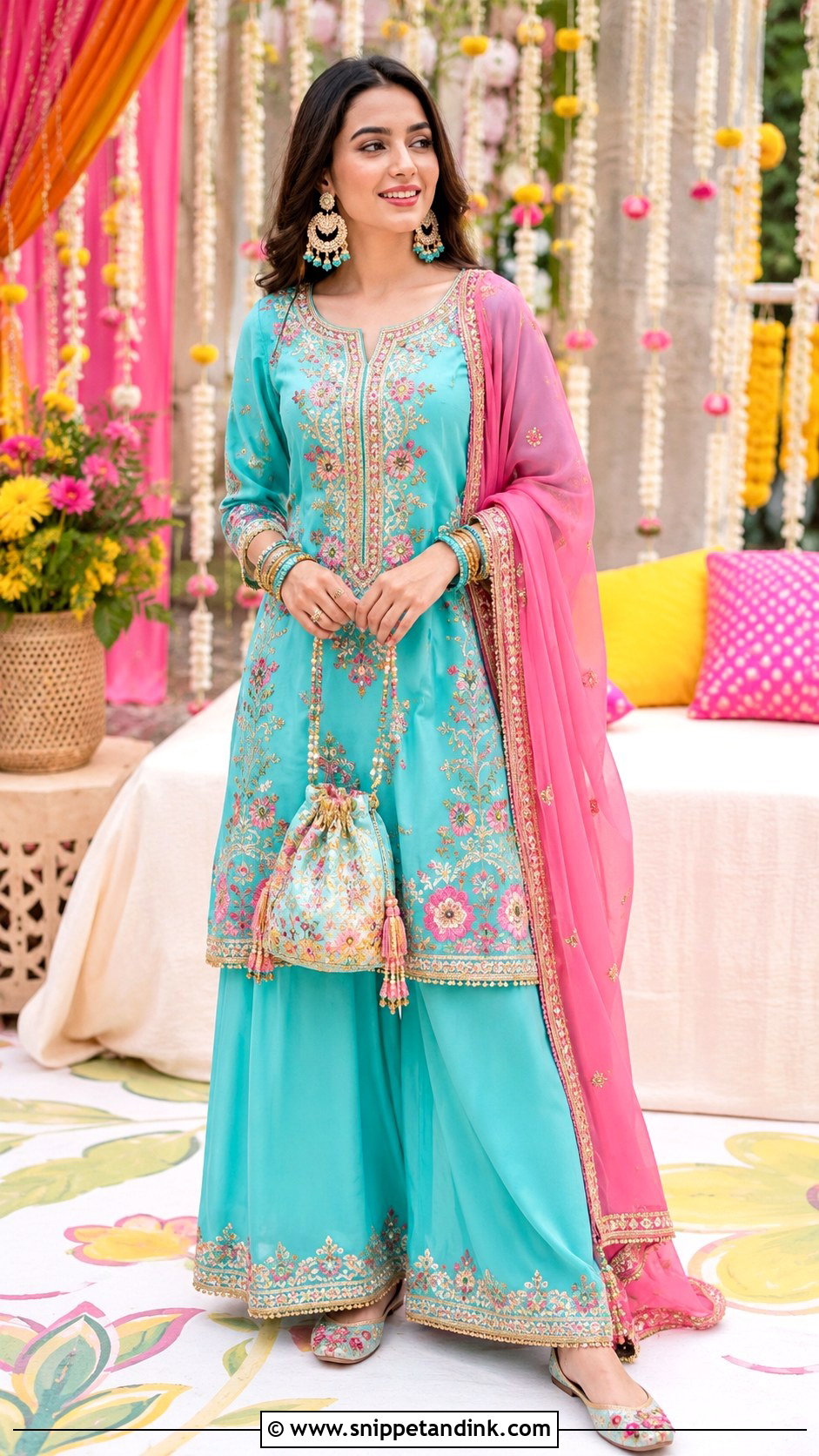 Turquoise Palazzo Set For Mehndi Function - Snippet and Ink - 25 Dress for Mehndi Function Ideas