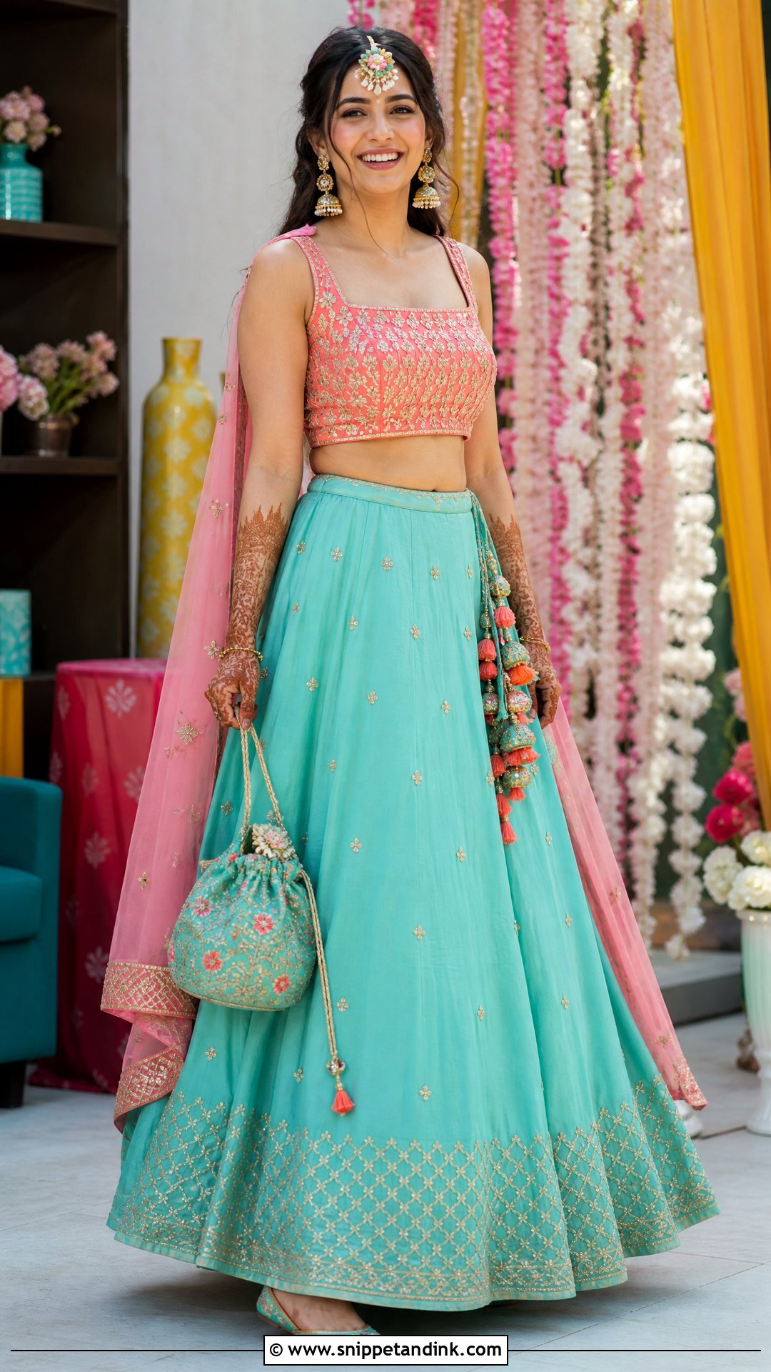 Turquoise Skirt Bridal Mehndi Outfit - Snippet and Ink - 20 Simple Bridal Mehndi Outfit Ideas