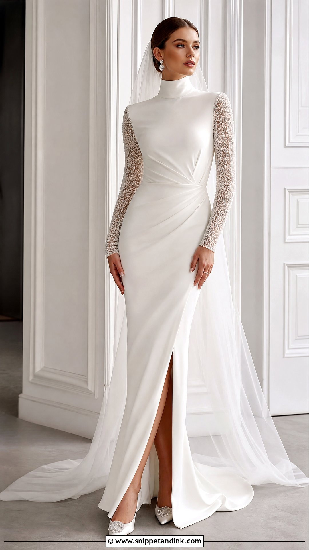 Turtleneck Wedding Dress With Beaded Sleeves - Snippet and Ink - 25 Turtleneck Wedding Dress Ideas