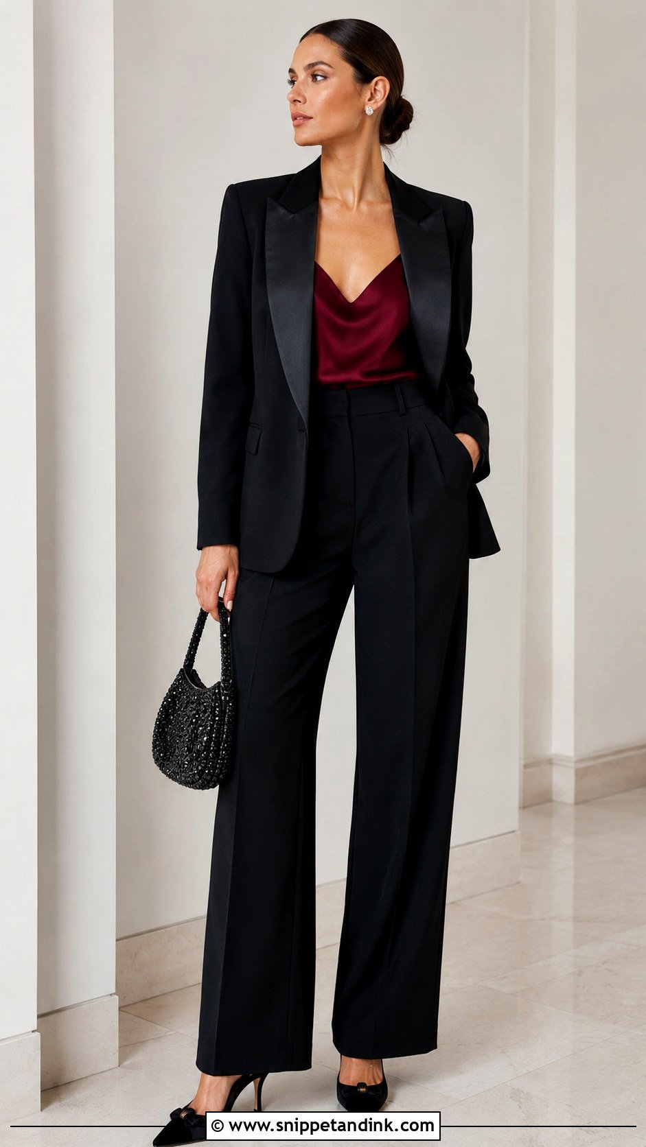 Tuxedo Blazer With Silk Camisole And Trousers - Snippet and Ink - 20 Blazer Outfit for Wedding Ideas