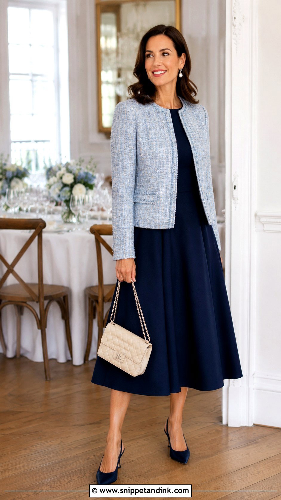 Tweed Blazer With Tea Length Dress - Snippet and Ink - 20 Blazer for Wedding Ideas