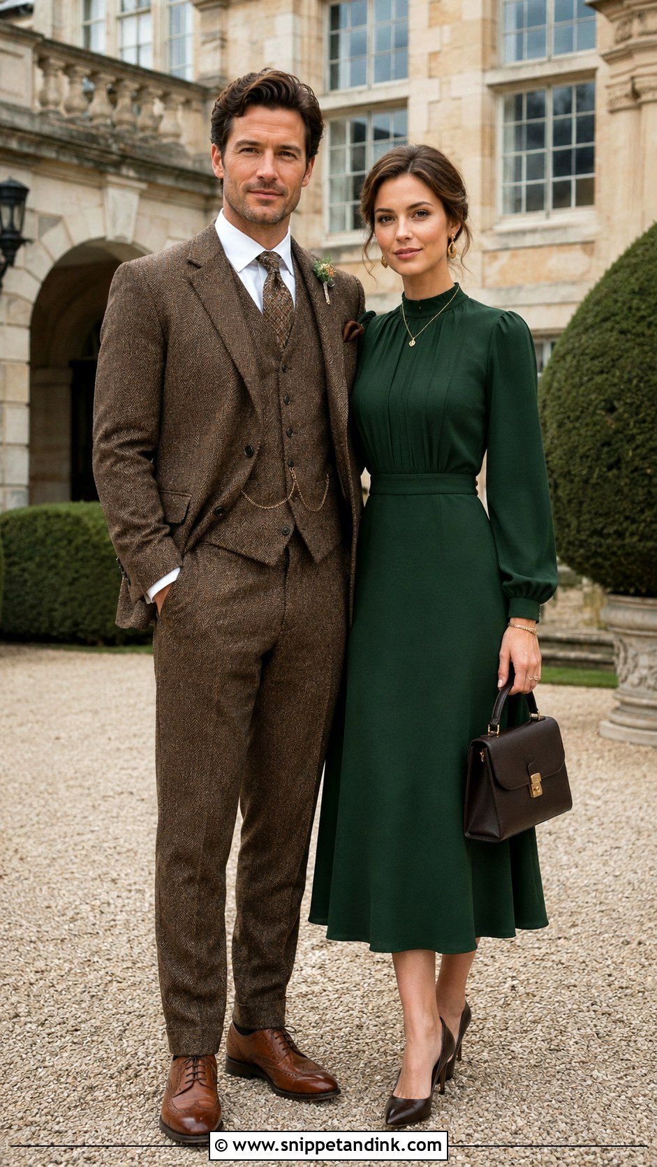Tweed Suit And Long Sleeve Midi Dress Couple Wedding Outfit - Snippet and Ink - 20 Couples Wedding Outfits