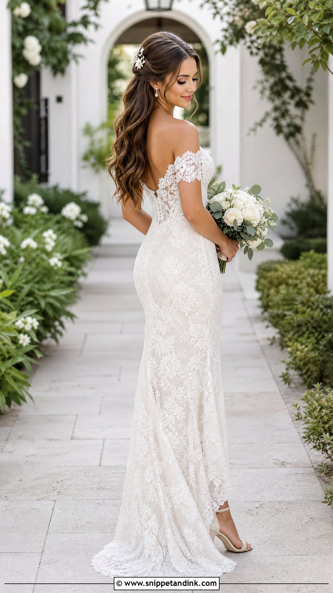 Twisted Half Up Hairstyle for Off the Shoulder Wedding Dress - Snippet and Ink - 25 Off the Shoulder Wedding Dress Hairstyle Ideas