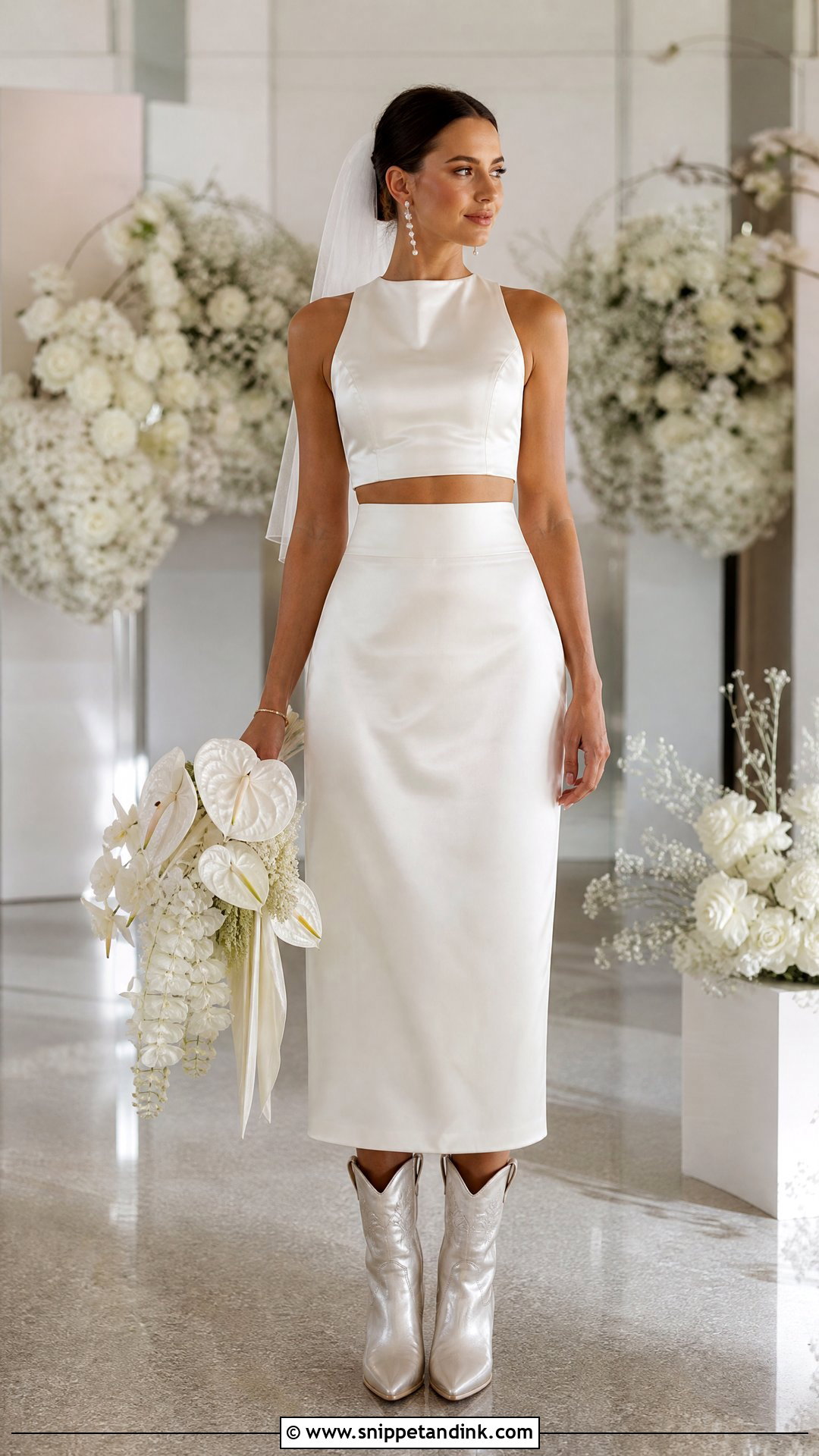 Two Piece Bridal Outfit With Metallic Cowboy Boots - Snippet and Ink - 20 Wedding Cowboy Boots for Bride Ideas