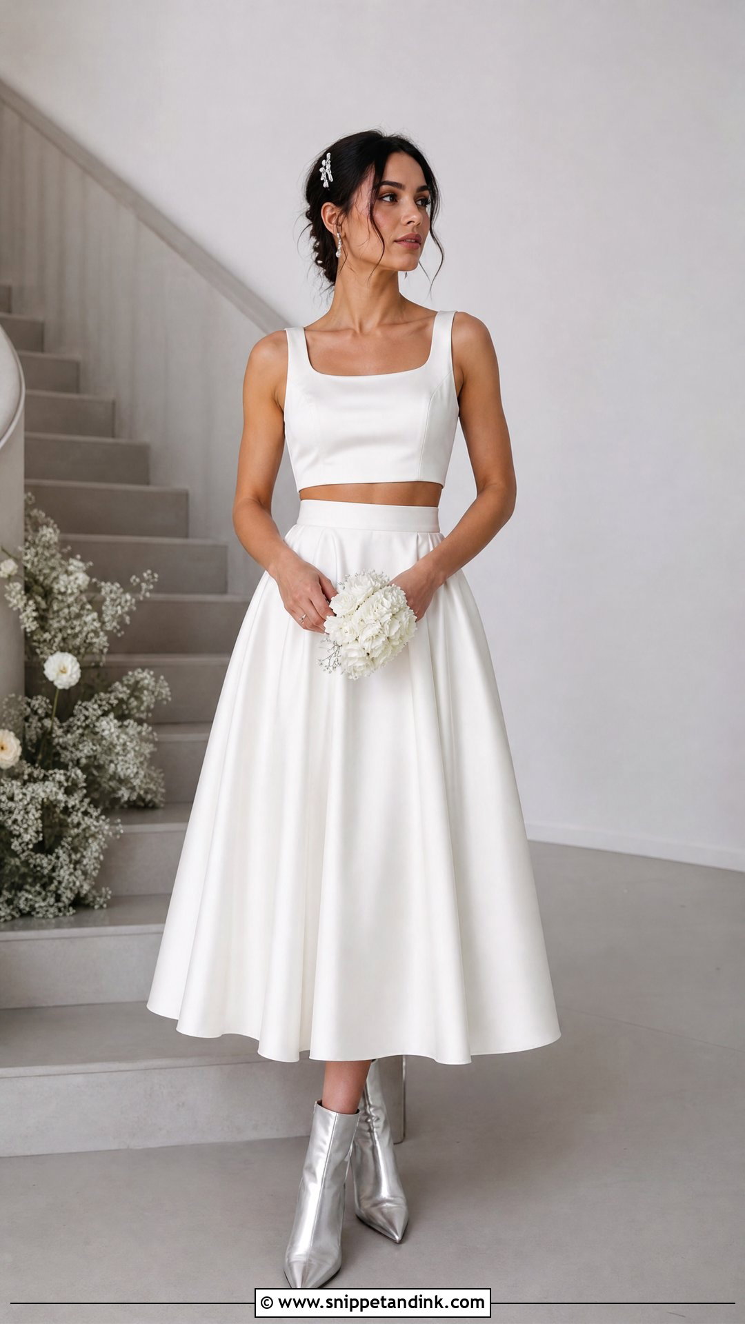 Two Piece Bride Outfit With Metallic Ankle Boots - Snippet and Ink - 20 Bride with Boots Ideas