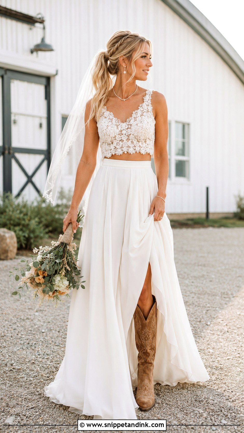 Two Piece Country Wedding Gown With Western Boots - Snippet and Ink - 20 Country Wedding Gowns