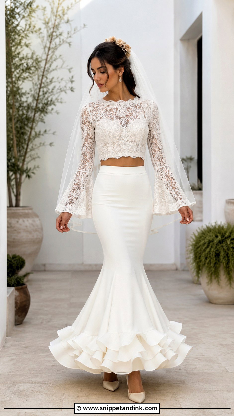 Two Piece Flamenco Wedding Dress With Lace Sleeves - Snippet and Ink - 20 Flamenco Wedding Dress Ideas