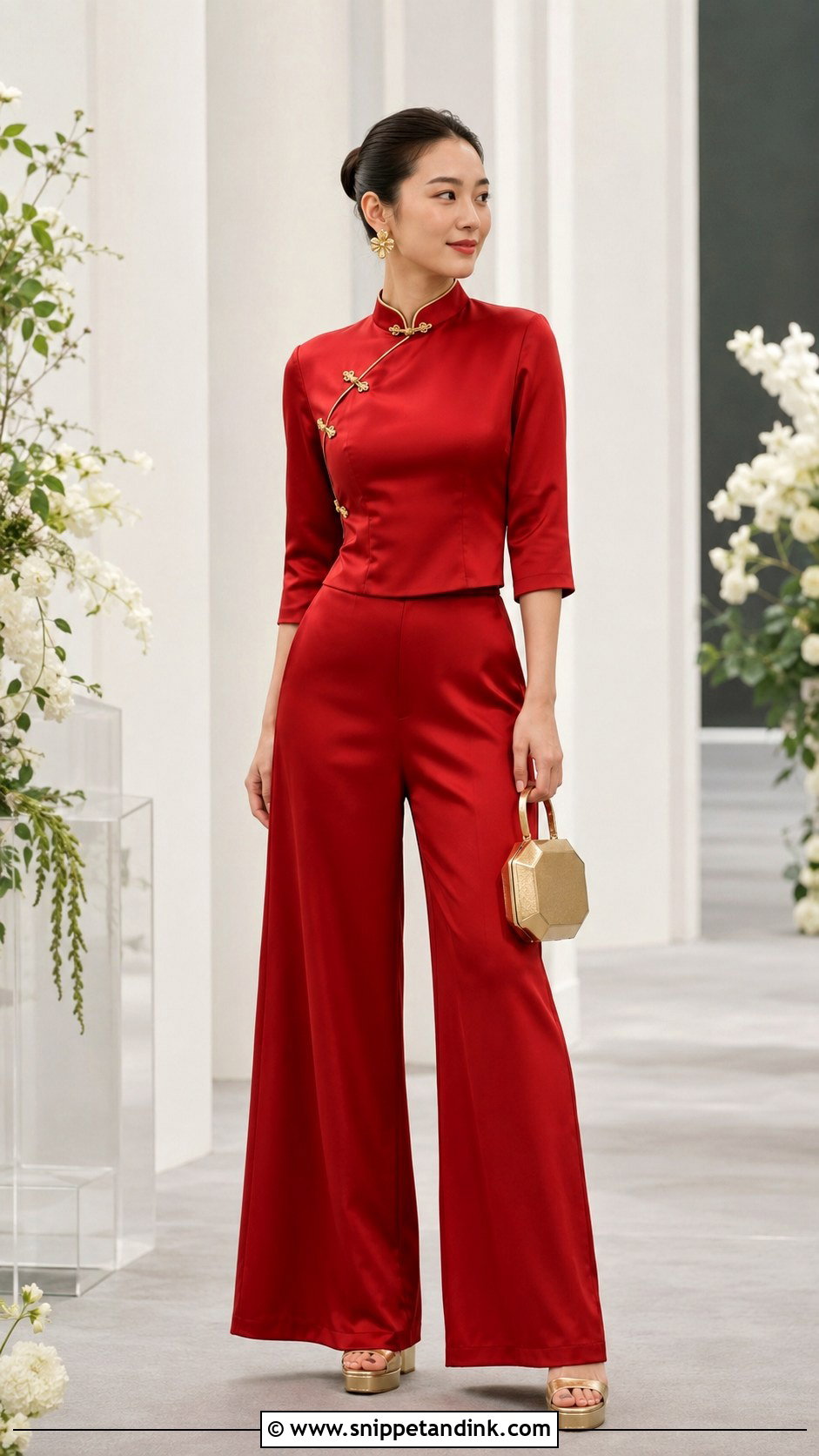 Two Piece Wedding Qipao With Wide Leg Pants - Snippet and Ink - 20 Wedding Qipao Ideas