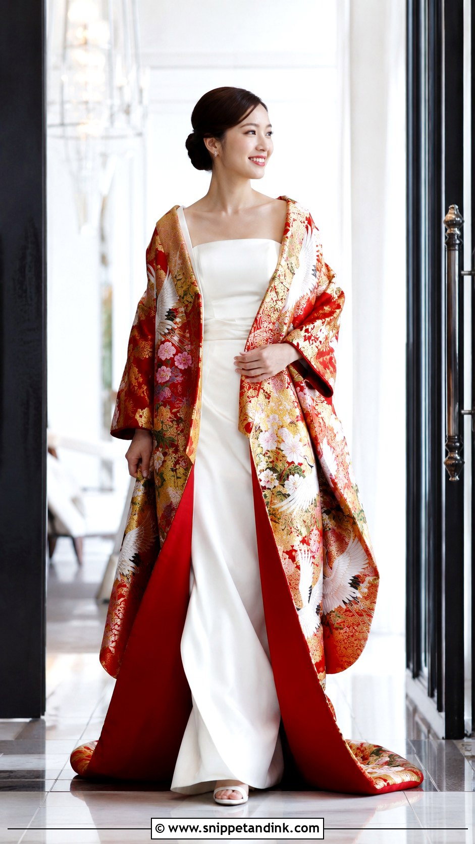 Uchikake Over White Wedding Dress - Snippet and Ink - 30 Japanese Wedding Dress Ideas