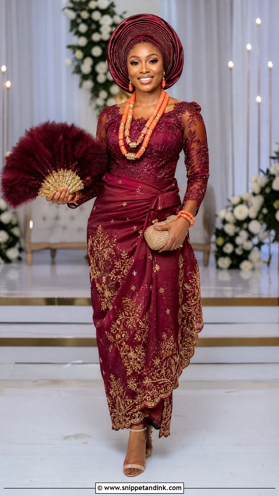 Urhobo Bride Burgundy Lace Wrapper Outfit - Snippet and Ink - 25 Urhobo Traditional Wedding Attire Ideas