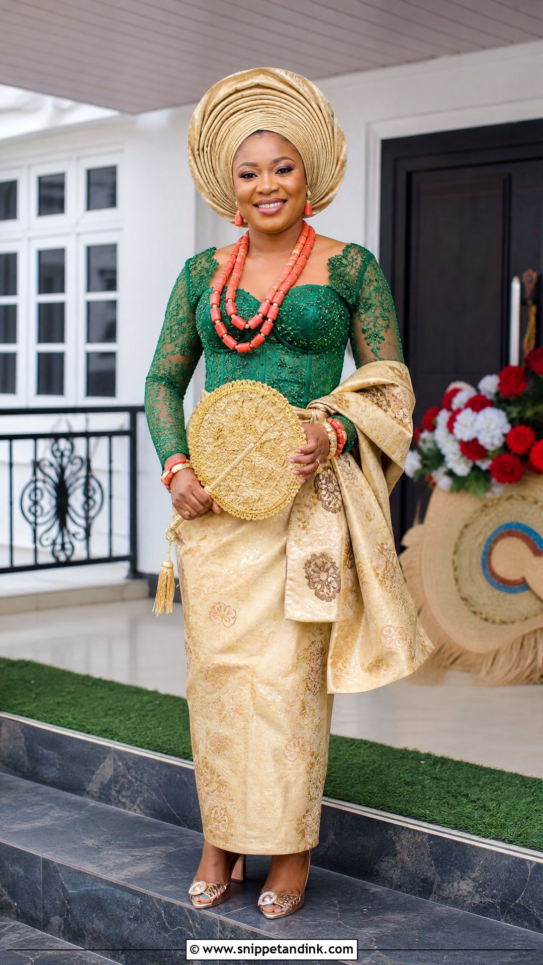 Urhobo Bride Green Lace And Wrapper Outfit - Snippet and Ink - 25 Urhobo Traditional Wedding Attire Ideas