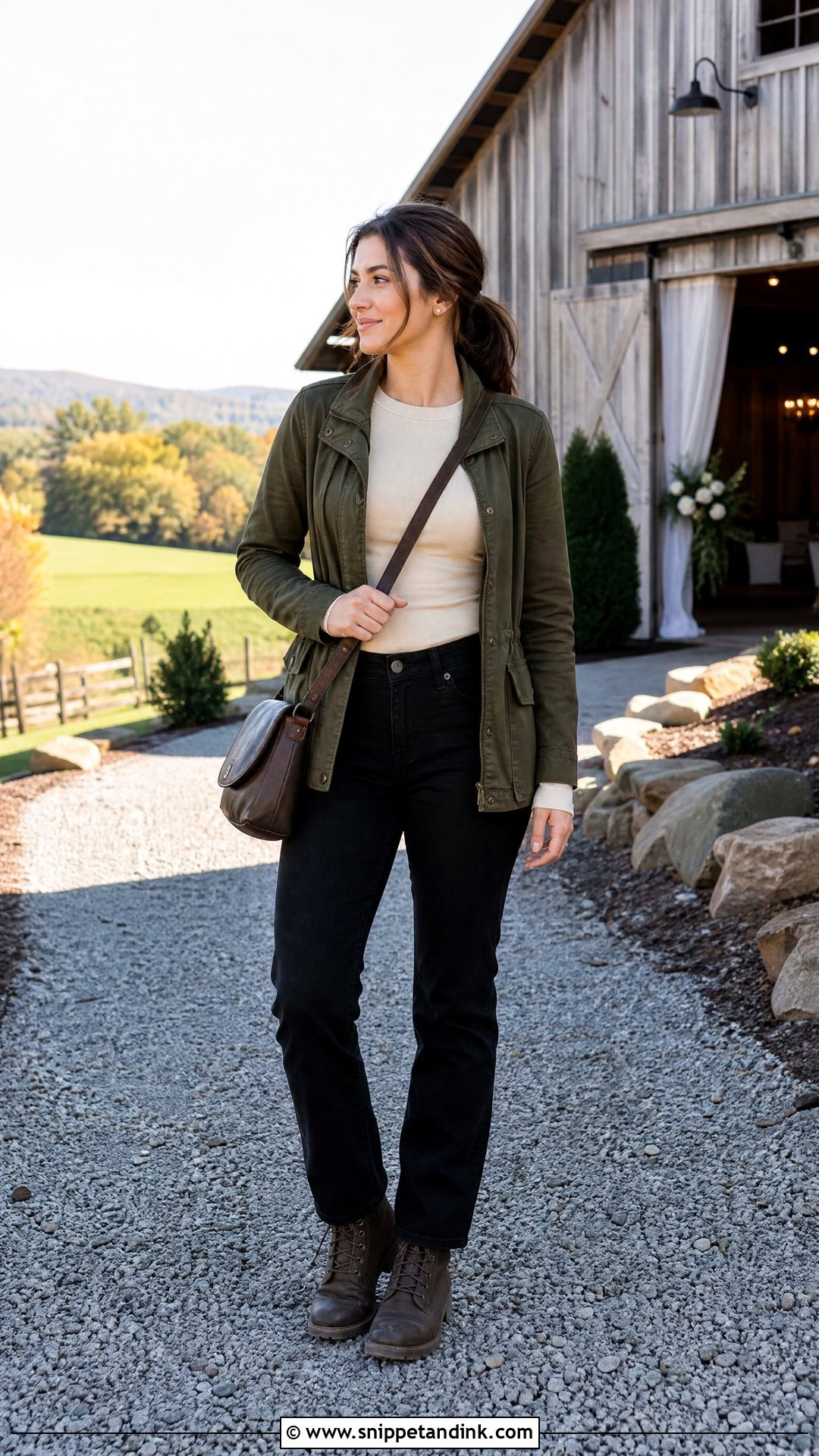 Utility Jacket And Black Jeans Wedding Venue Tour Outfit - Snippet and Ink - 20 Wedding Venue Tour Outfit Ideas