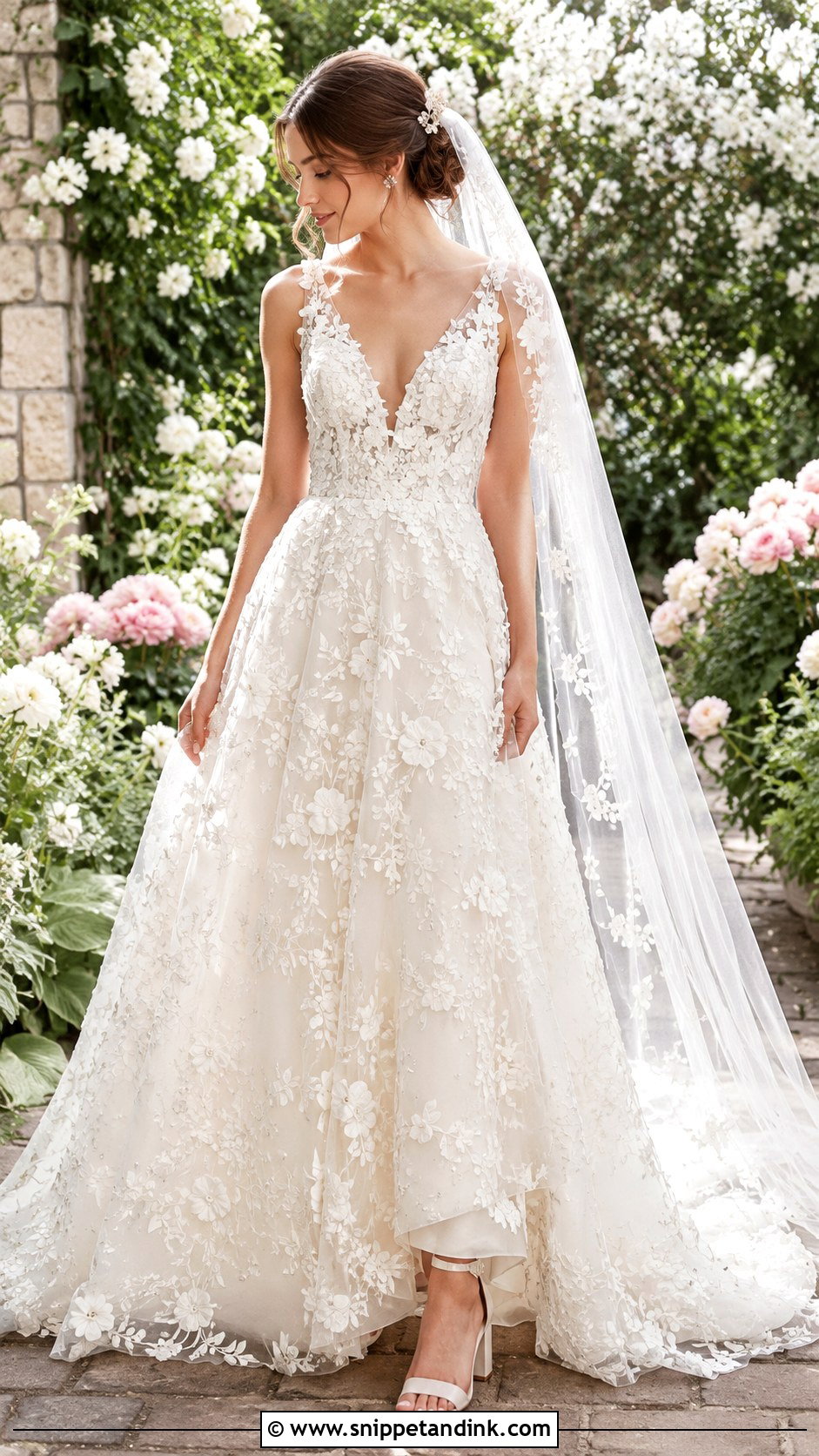 V Cut Wedding Dress With Floral Appliques - Snippet and Ink - 20 V Cut Wedding Dress Ideas