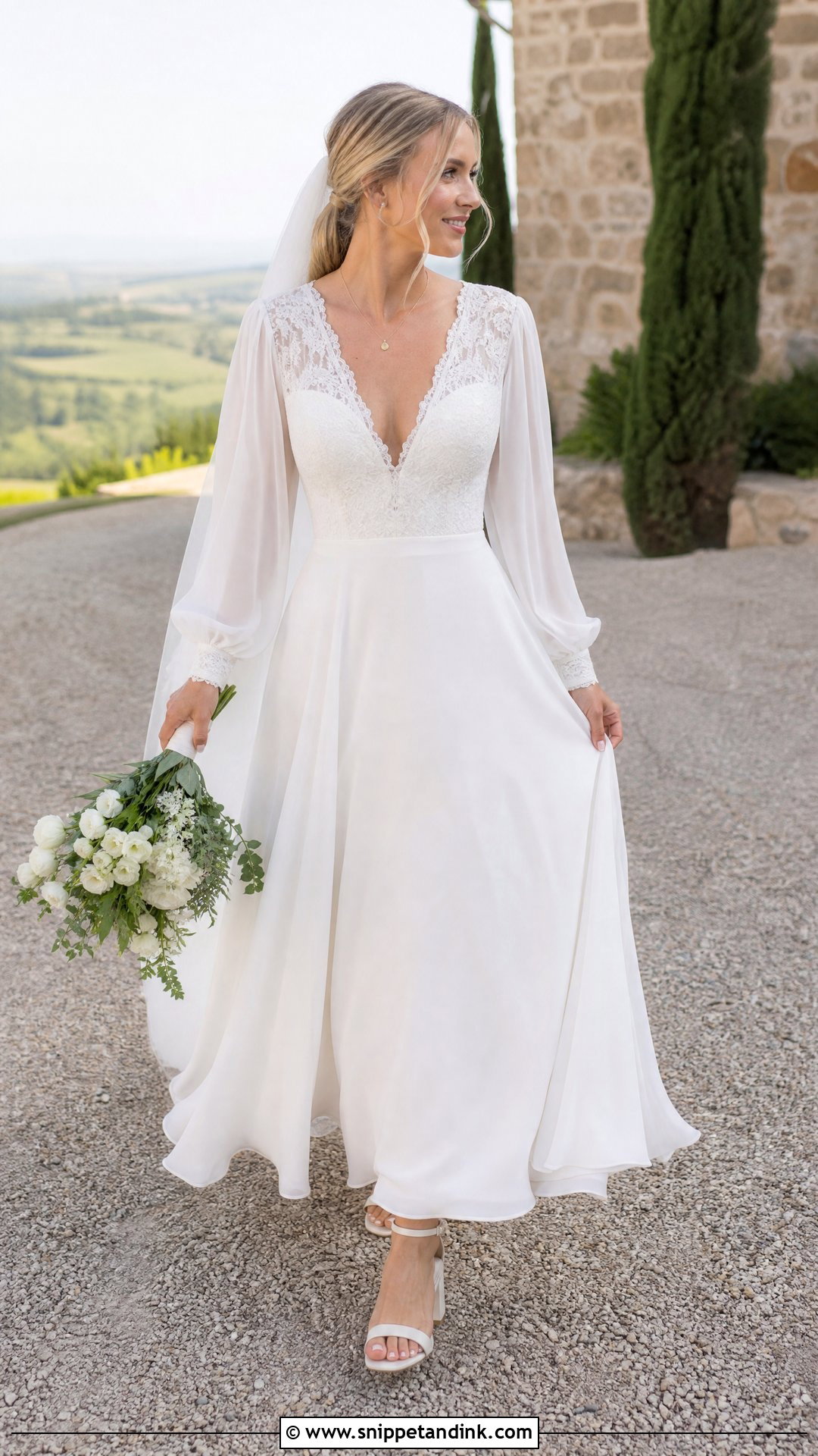V Neck A Line Wedding Dress With Bishop Sleeves - Snippet and Ink - 25 Aline Wedding Dress with Sleeves