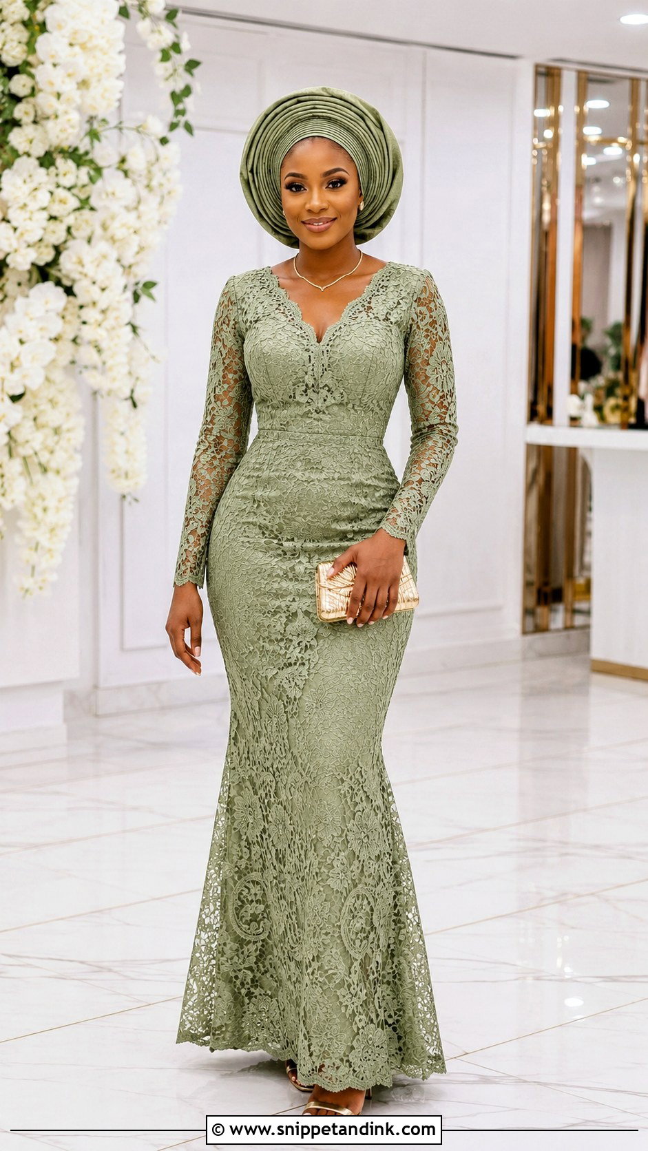 V Neck Aso Ebi Lace Gown - Snippet and Ink - 25 Simple Aso Ebi Lace Gown Styles