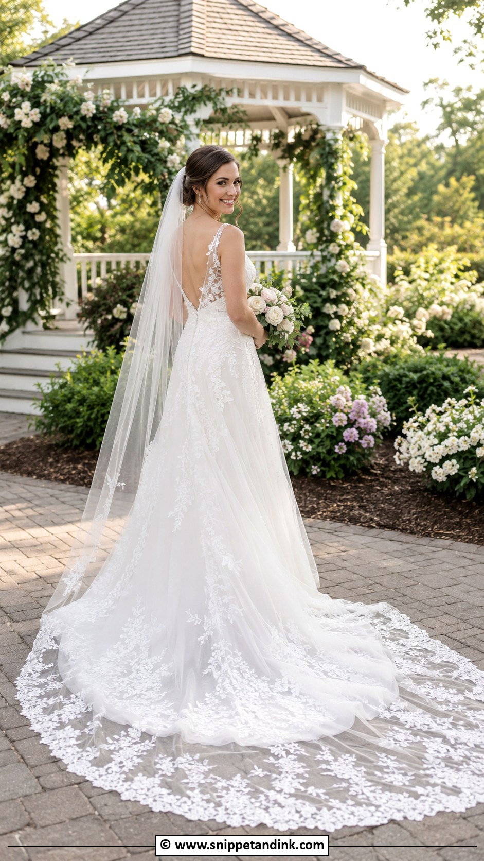 V Neck Bride Gown With Floral Lace Train - Snippet and Ink - 25 Bride Gowns