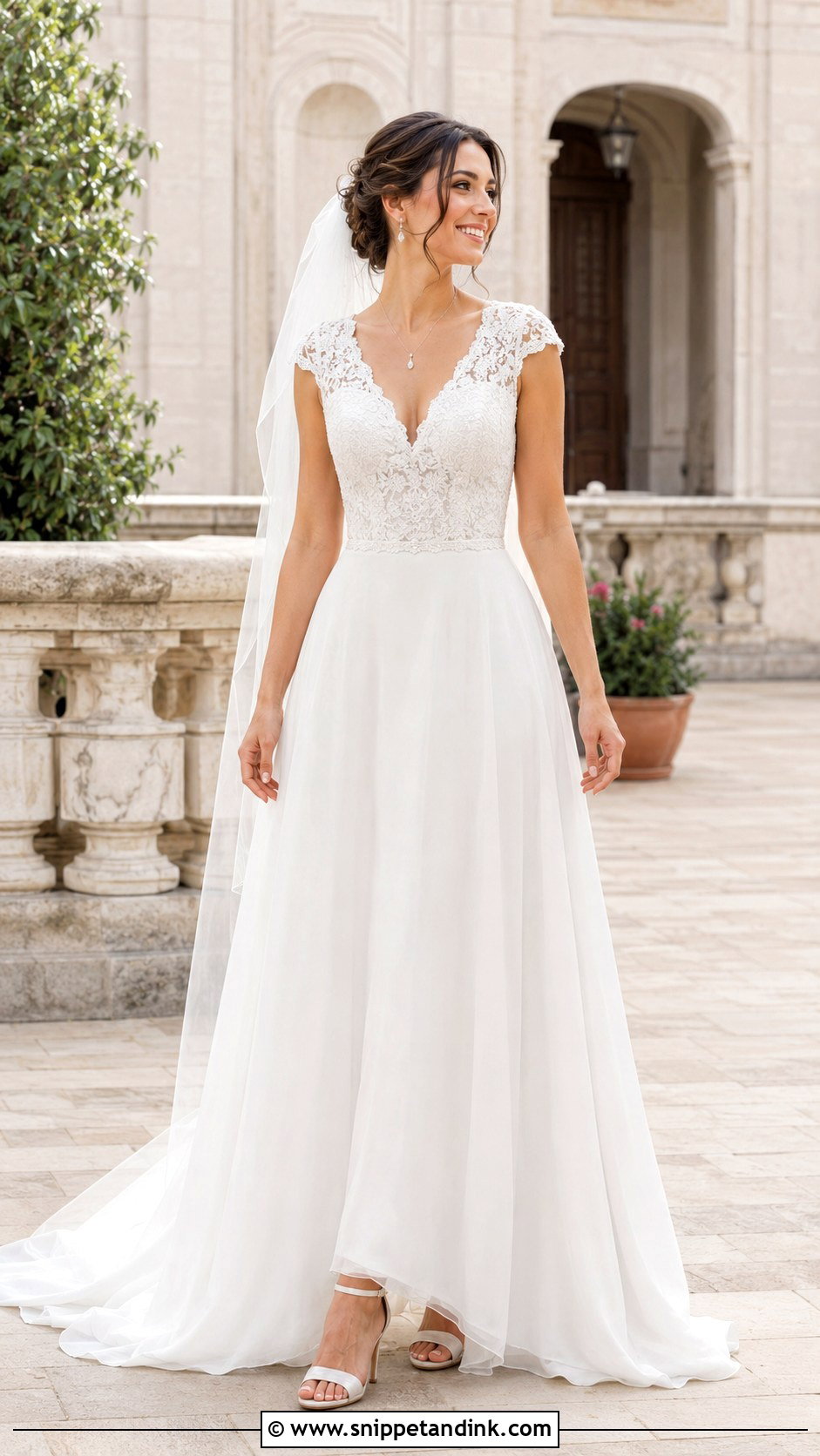 V Neck Cap Sleeve Wedding Dress - Snippet and Ink - 20 Capped Sleeve Wedding Dress Ideas