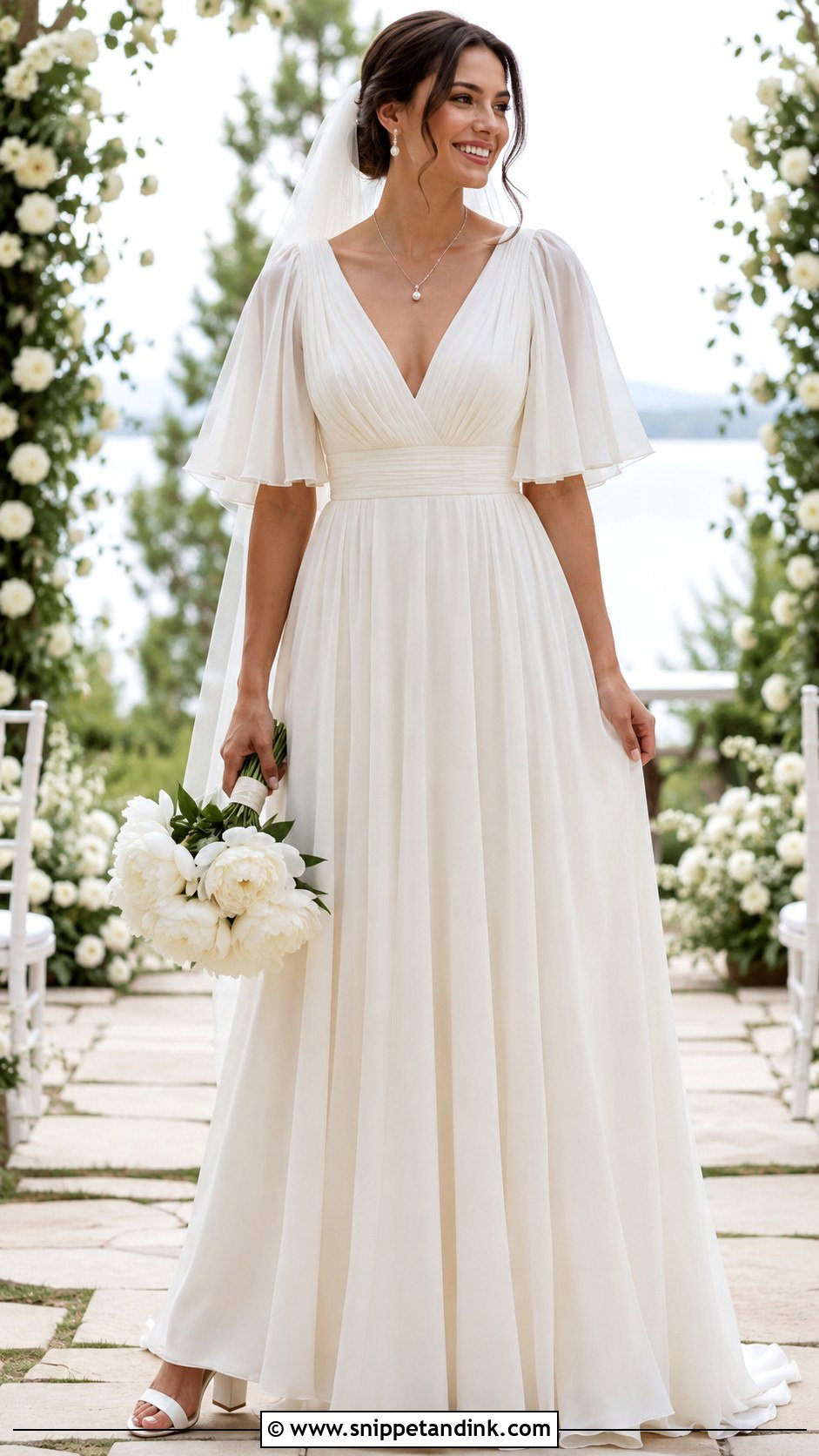 V Neck Chiffon Butterfly Sleeve Wedding Dress - Snippet and Ink - 20 Butterfly Sleeve Wedding Dress Ideas