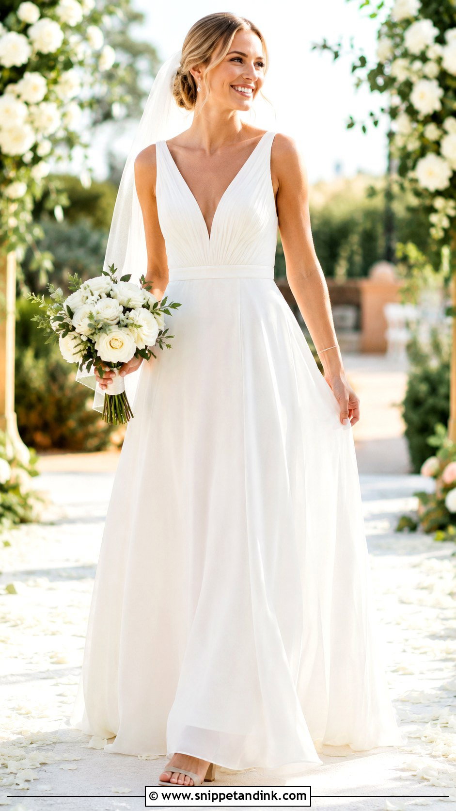 V Neck Chiffon Wedding Dress With Simple Jewelry - Snippet and Ink - 20 Very Simple Wedding Dress Ideas