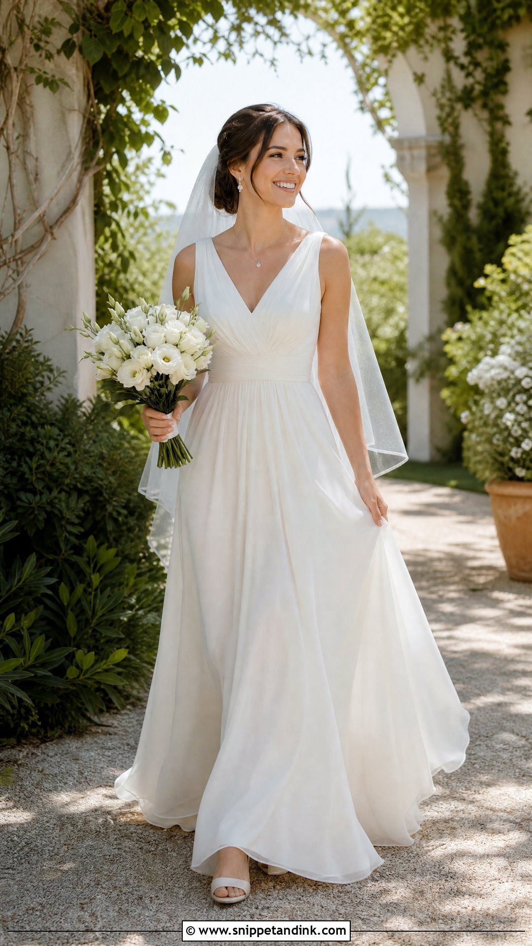 V Neck Chiffon Wedding Dress With Simple Veil - Snippet and Ink - 20 Simple Traditional Wedding Dress Ideas