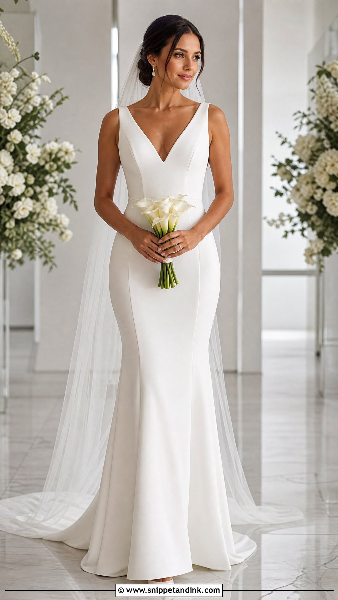 V Neck Crepe Fit And Flare Wedding Dress - Snippet and Ink - 20 Wedding Dresses for Hourglass Shape