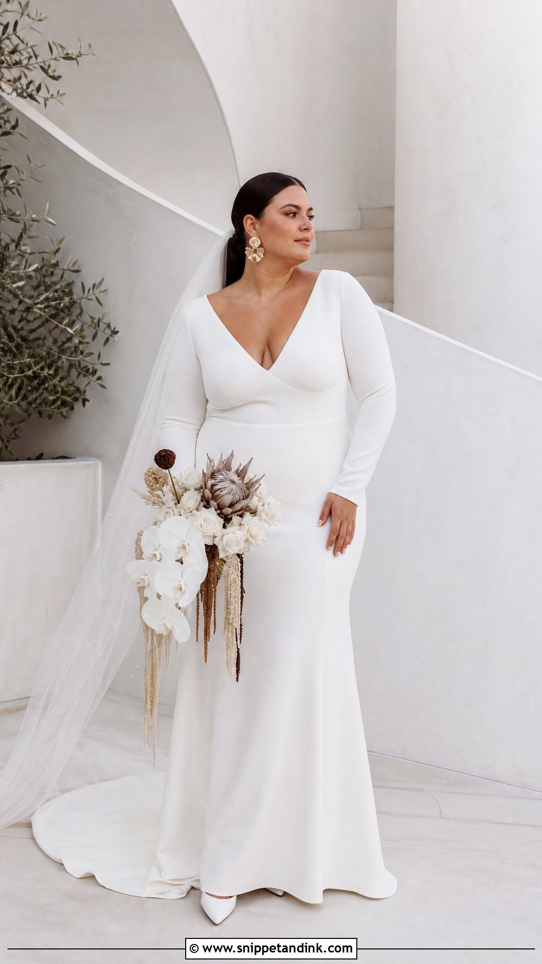 V Neck Crepe Plus Size Wedding Gown - Snippet and Ink - 20 Plus Size Wedding Gowns with Sleeves