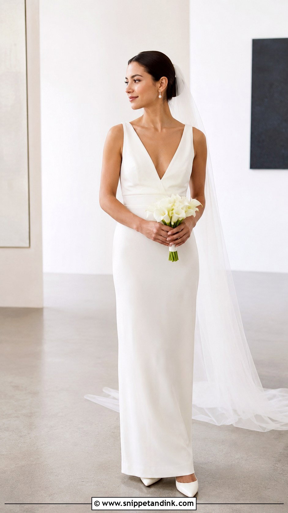 V Neck Crepe Sheath Wedding Dress - Snippet and Ink - 20 Best Wedding Dresses for Short Brides
