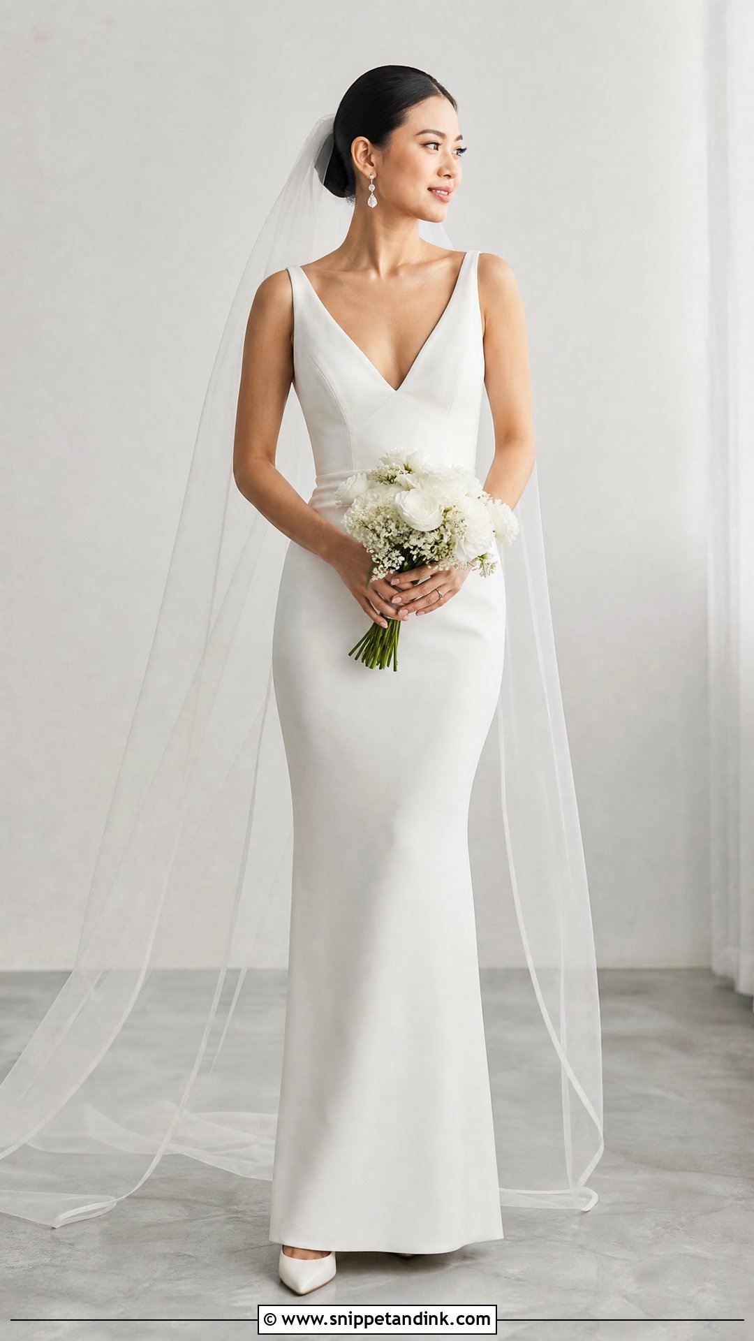 V Neck Crepe Sheath Wedding Gown - Snippet and Ink - 20 Wedding Gowns for Short Brides