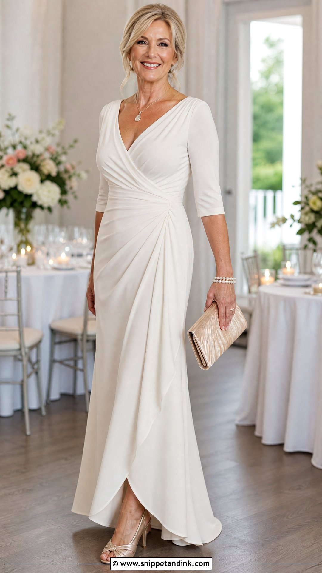 V Neck Draped Wedding Dress - Snippet and Ink - 20 Older Women Wedding Dresses
