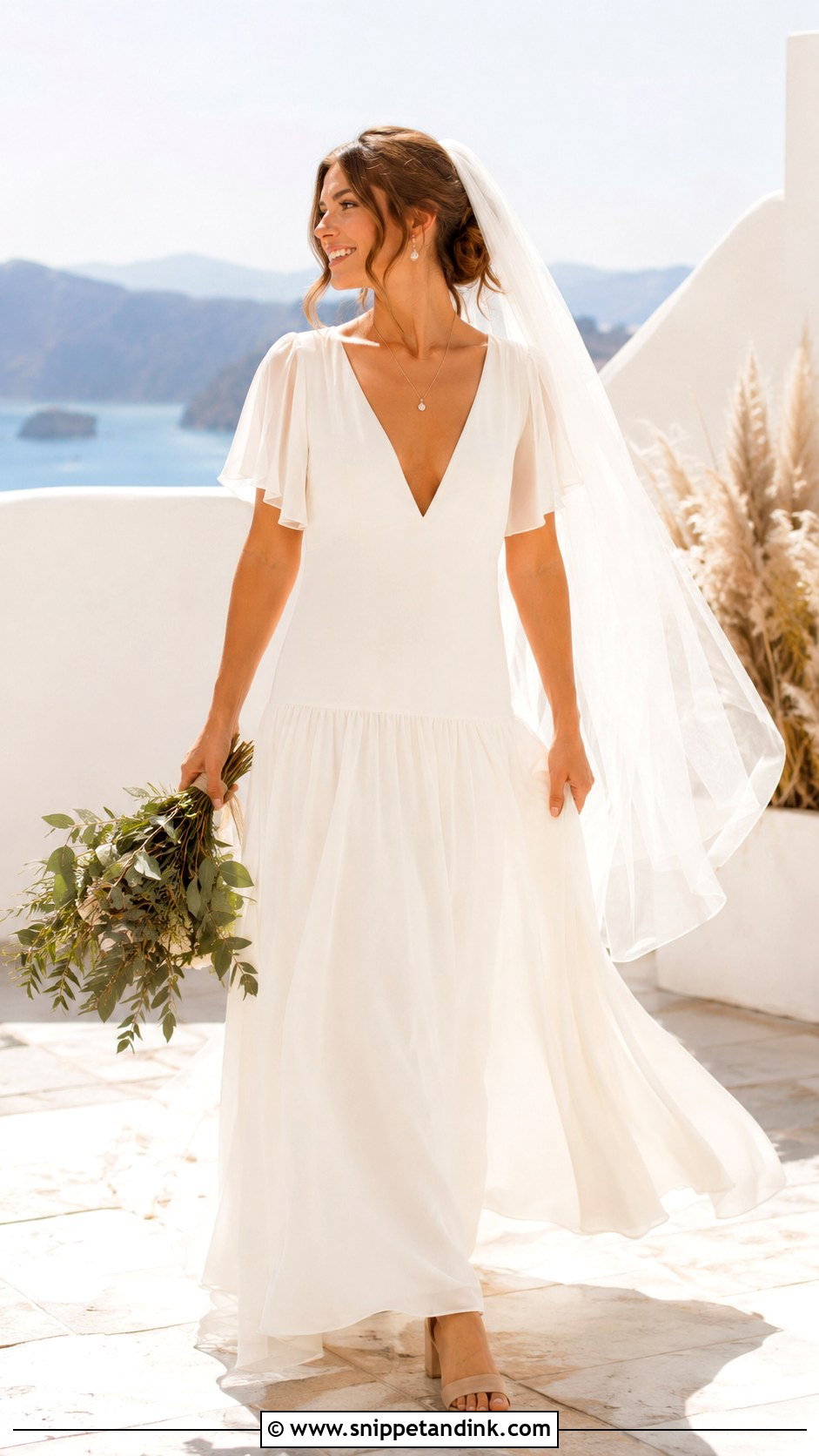 V Neck Drop Waist Wedding Dress With Flutter Sleeves - Snippet and Ink - 20 Drop Waist Wedding Dress with Sleeves