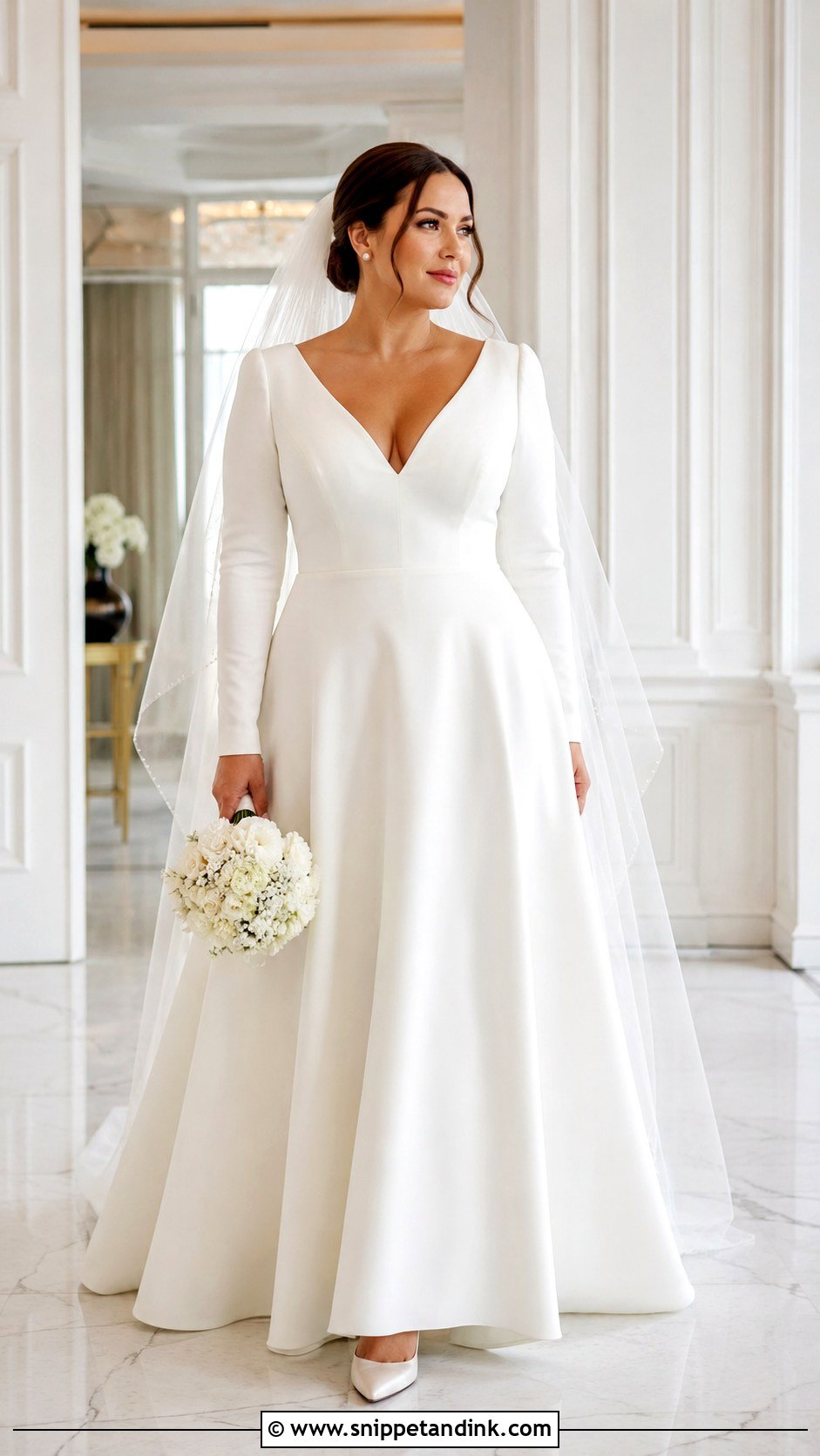 V Neck Fit And Flare Long Sleeve Wedding Dress - Snippet and Ink - 20 Classy Simple Long Sleeve Wedding Dress Ideas