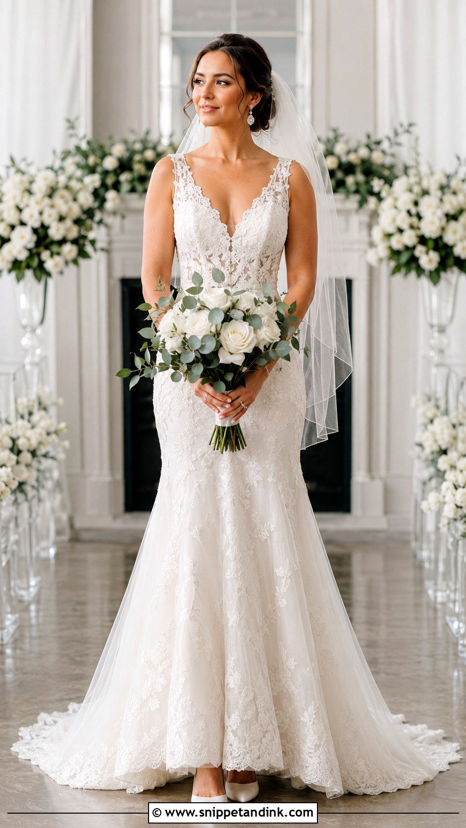 V Neck Fit And Flare Wedding Dress With Chapel Veil - Snippet and Ink - 20 Flare Wedding Dress Ideas