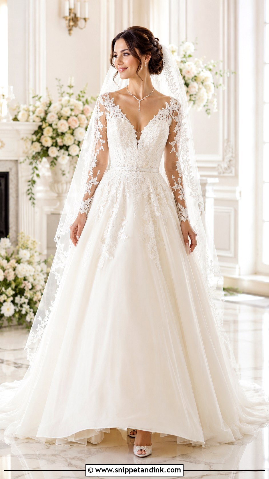 V Neck Fit and Flare Wedding Dress With Illusion Sleeves - Snippet and Ink - 20 Fit and Flare Wedding Dress with Sleeves