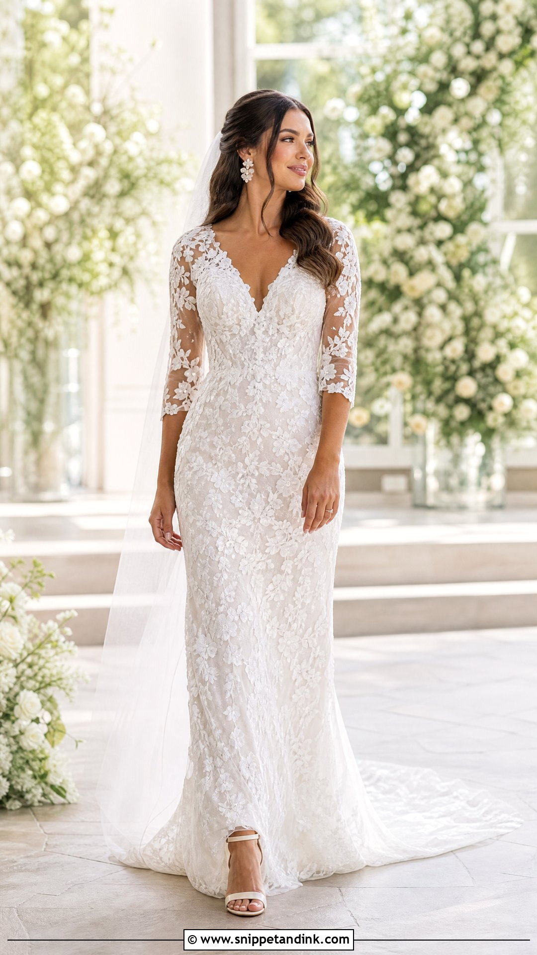 V Neck Floral Lace Wedding Dress With Sleeves - Snippet and Ink - 20 Tight Wedding Dress with Sleeves