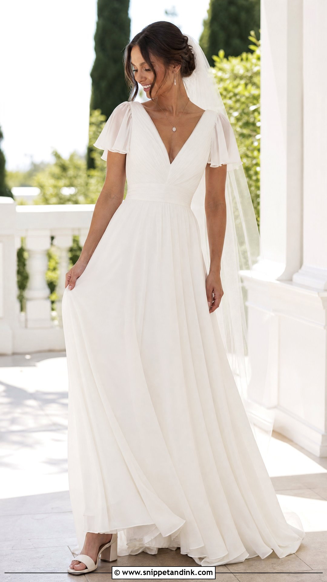 V Neck Flutter Sleeve Wedding Dress - Snippet and Ink - 20 Wedding Dress Flutter Sleeves