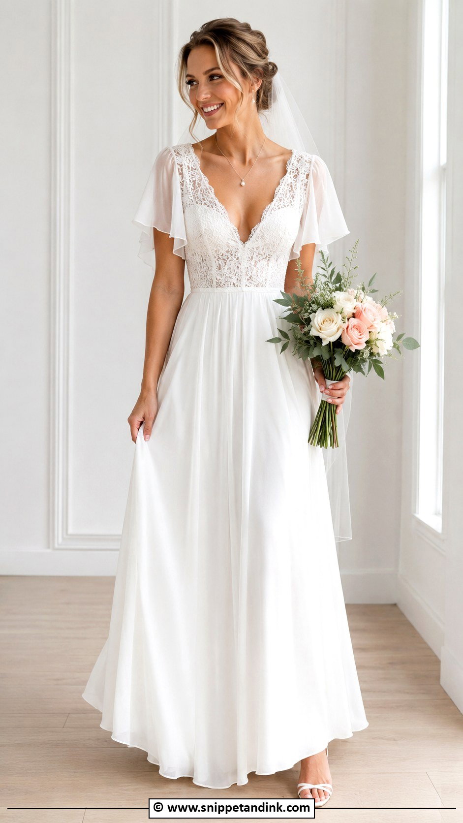 V Neck Flutter Sleeve Wedding Dress - Snippet and Ink - 25 Flutter Sleeve Wedding Dress Ideas