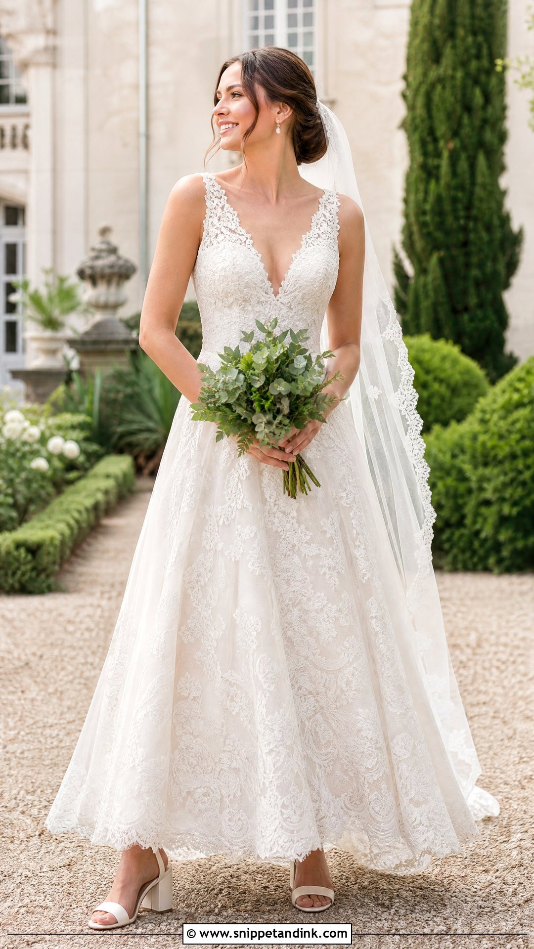 V Neck Lace A Line Wedding Dress - Snippet and Ink - 20 Wedding Dresses No Sleeves