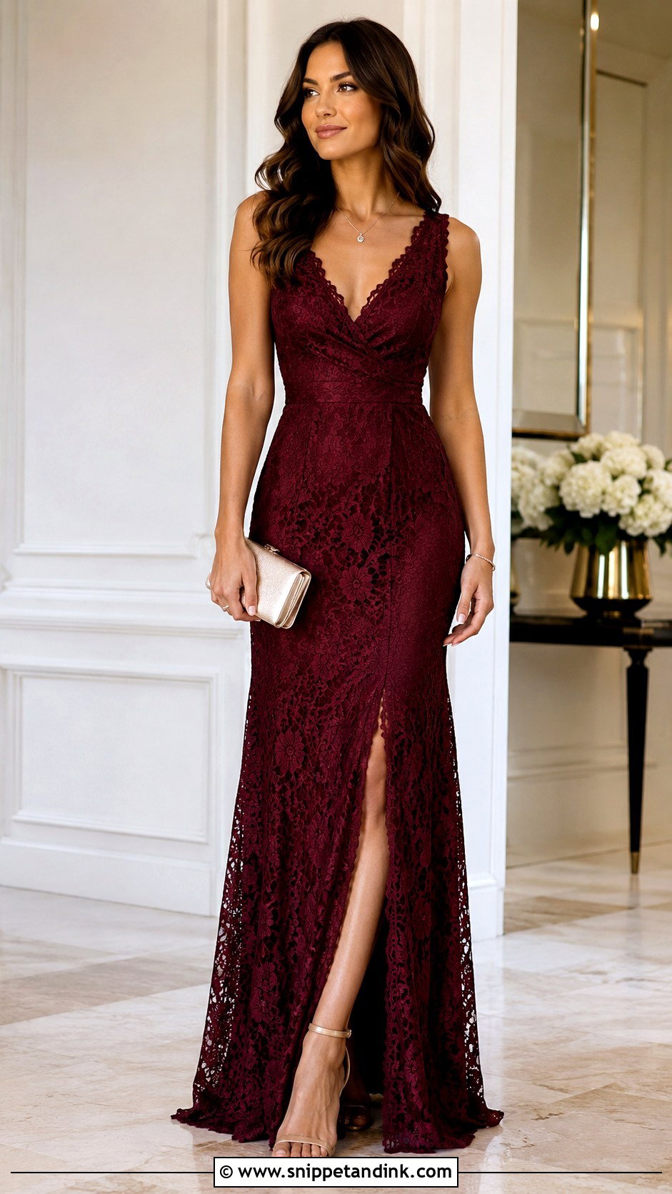 V Neck Lace Gown Outfit - Snippet and Ink - 25 Sample Lace Gown Styles