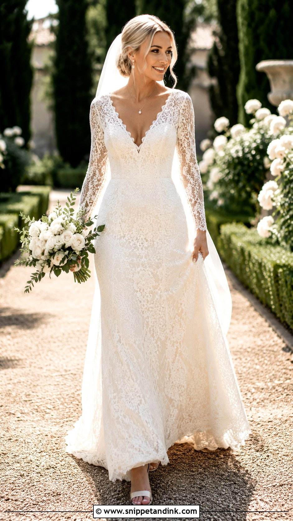 V Neck Lace Long Sleeve Wedding Dress - Snippet and Ink - 20 Classic Long Sleeve Wedding Dress Ideas