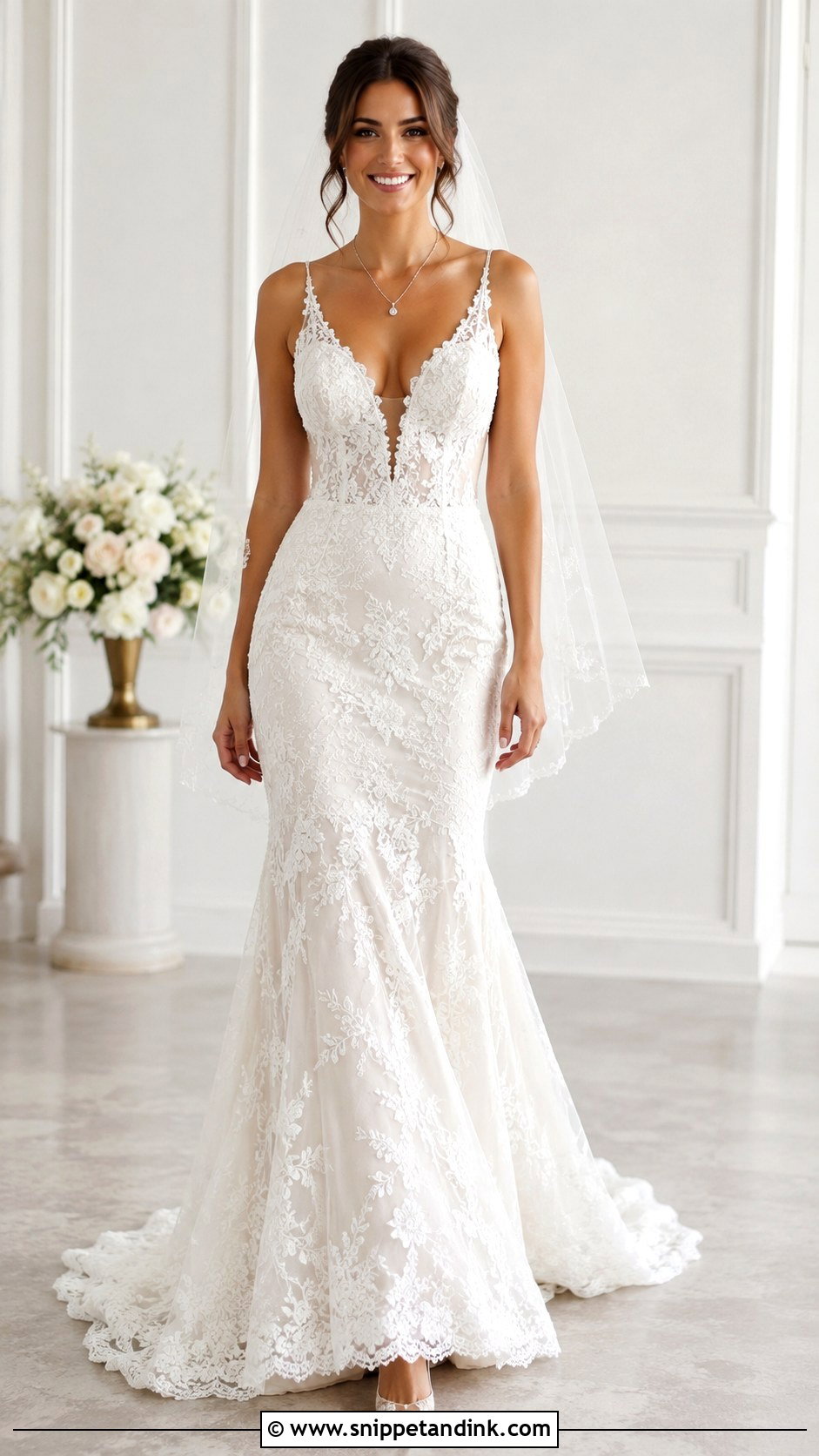 V Neck Lace Mermaid Wedding Dress - Snippet and Ink - 30 Lace Mermaid Wedding Dress Ideas