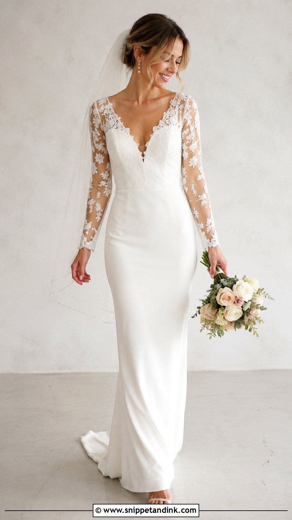 V Neck Lace Sleeve Wedding Dress - Snippet and Ink - 25 Lace Sleeves Wedding Dresses