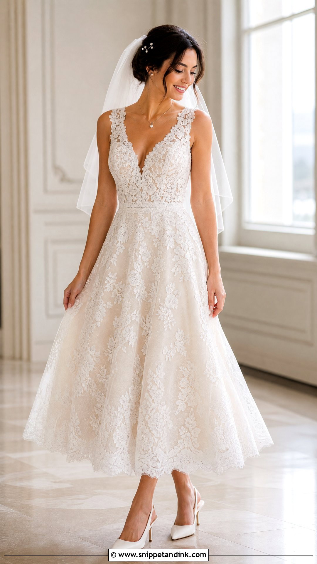 V Neck Lace Tea Length Wedding Dress - Snippet and Ink - 20 Tea Length Wedding Dresses Lace