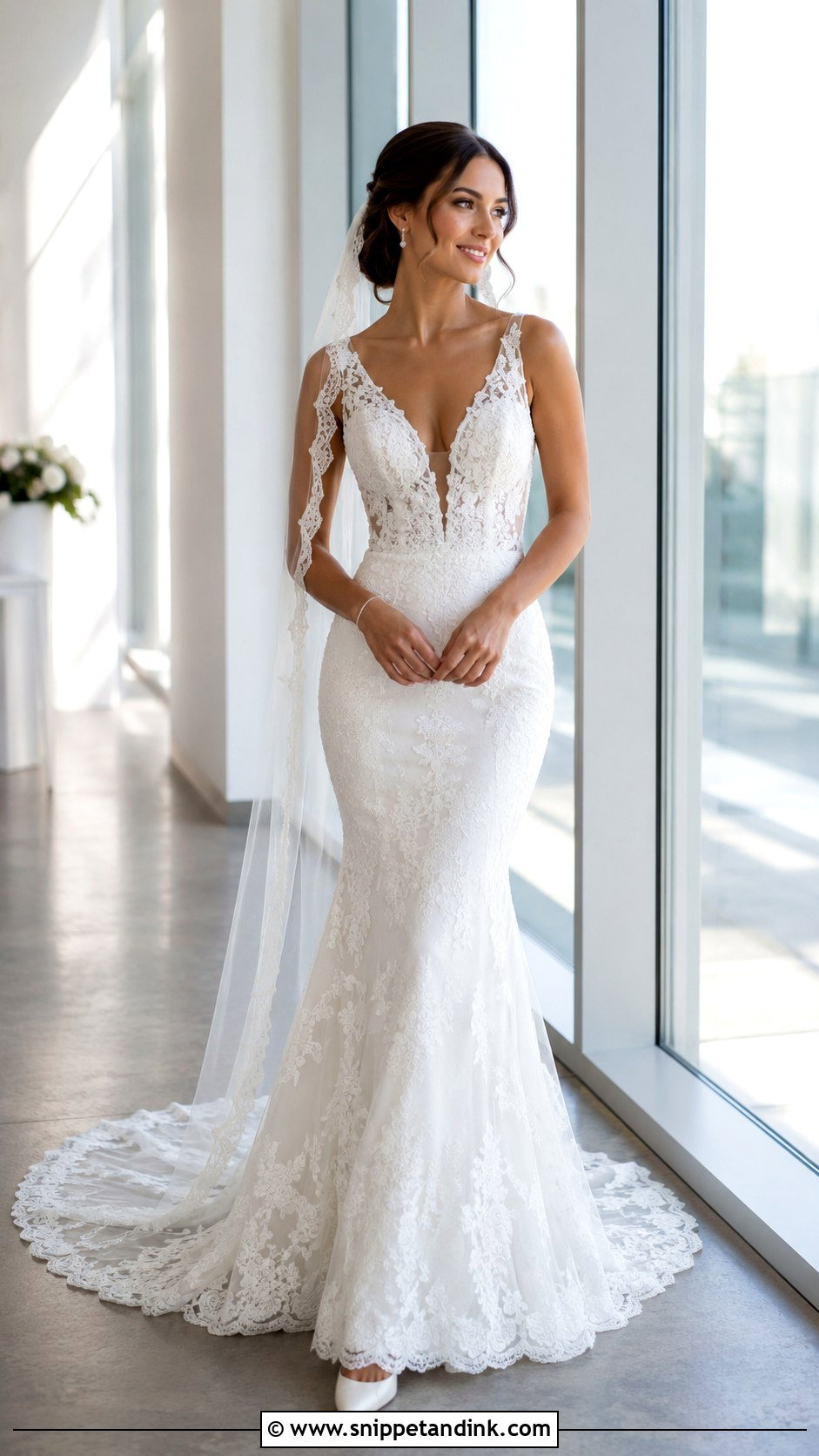 V Neck Lace Trumpet Wedding Dress - Snippet and Ink - 20 Lace Trumpet Wedding Dress Ideas