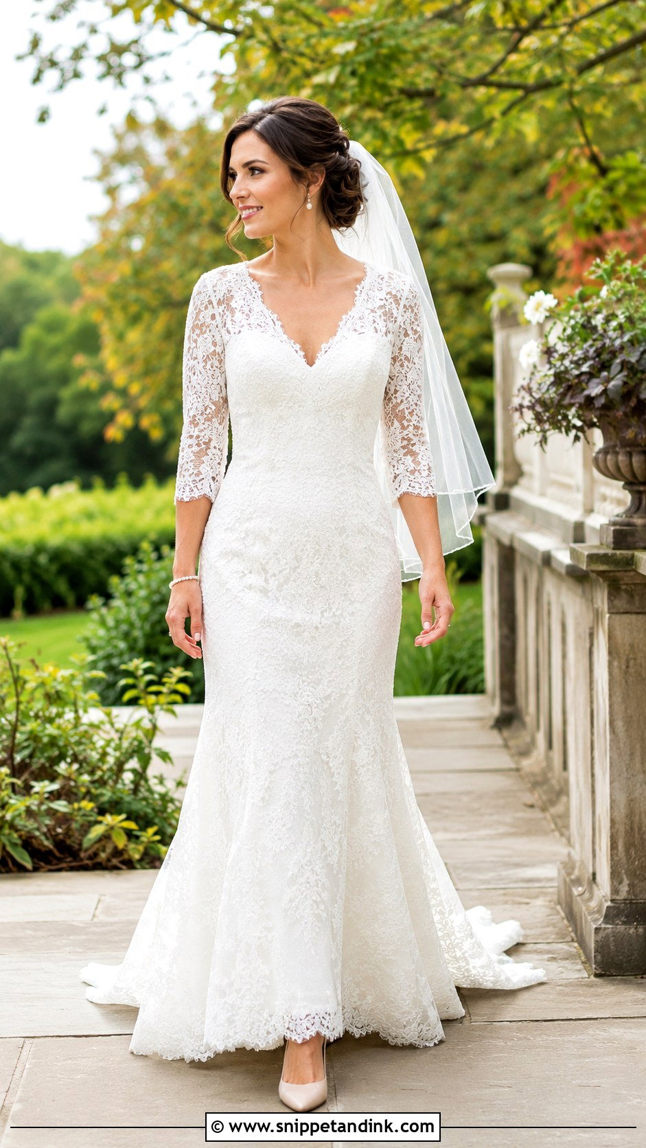 V Neck Lace Wedding Dress With Three Quarter Sleeves - Snippet and Ink - 20 Lacy Wedding Dresses with Sleeves
