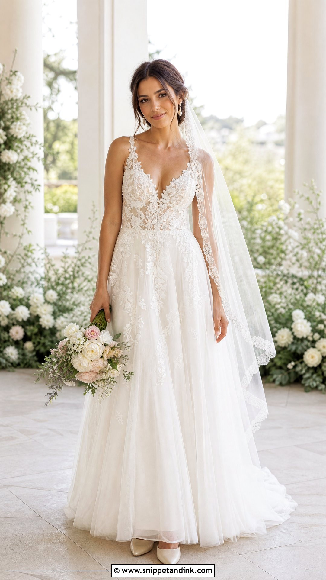 V Neck Lace Wedding Gown With Tulle Skirt - Snippet and Ink - 20 Traditional Wedding Gown Ideas